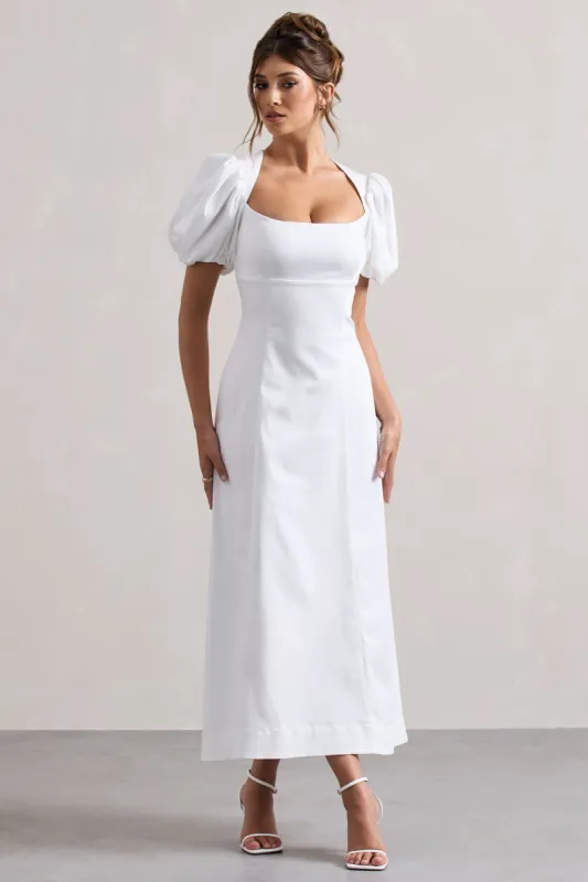 Hacienda | White Poplin Puff-Sleeve Maxi Dress sold by Club L London
