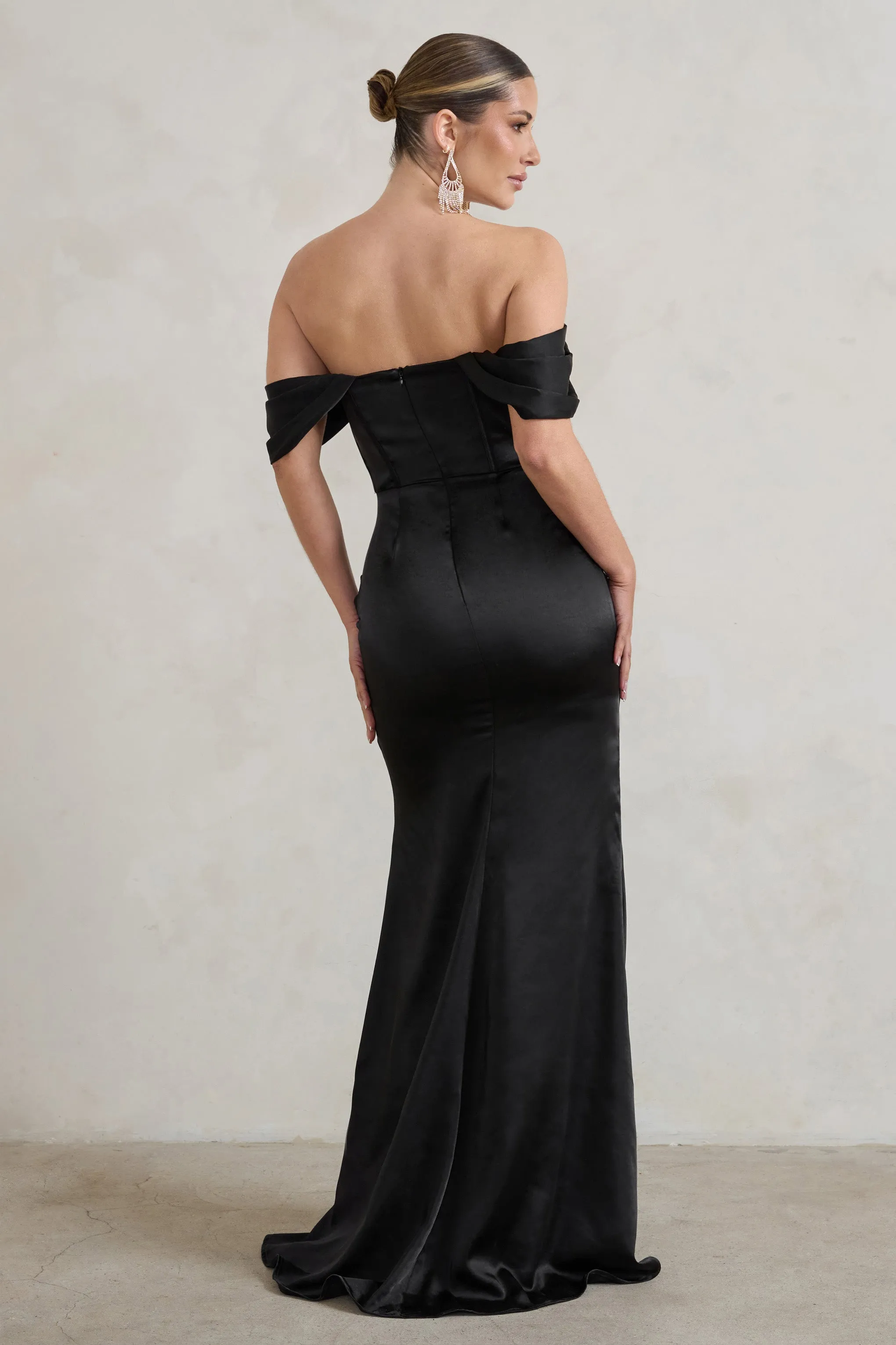 Kimberly | Black Bardot Fishtail Satin Maxi Dress sold by Club L London product image thumbnail 2