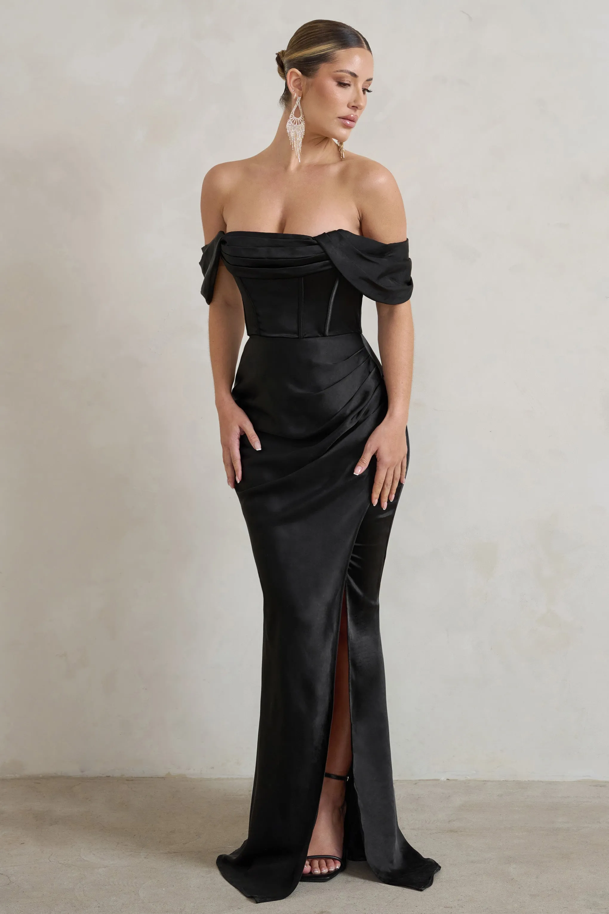 Kimberly | Black Bardot Fishtail Satin Maxi Dress sold by Club L London product image thumbnail 4