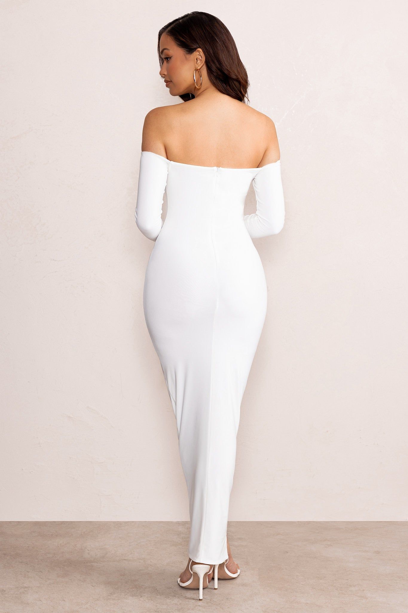 Leanora | White Long Sleeve Bardot Midi Dress with Front Ruffle sold by Club L London product image thumbnail 2