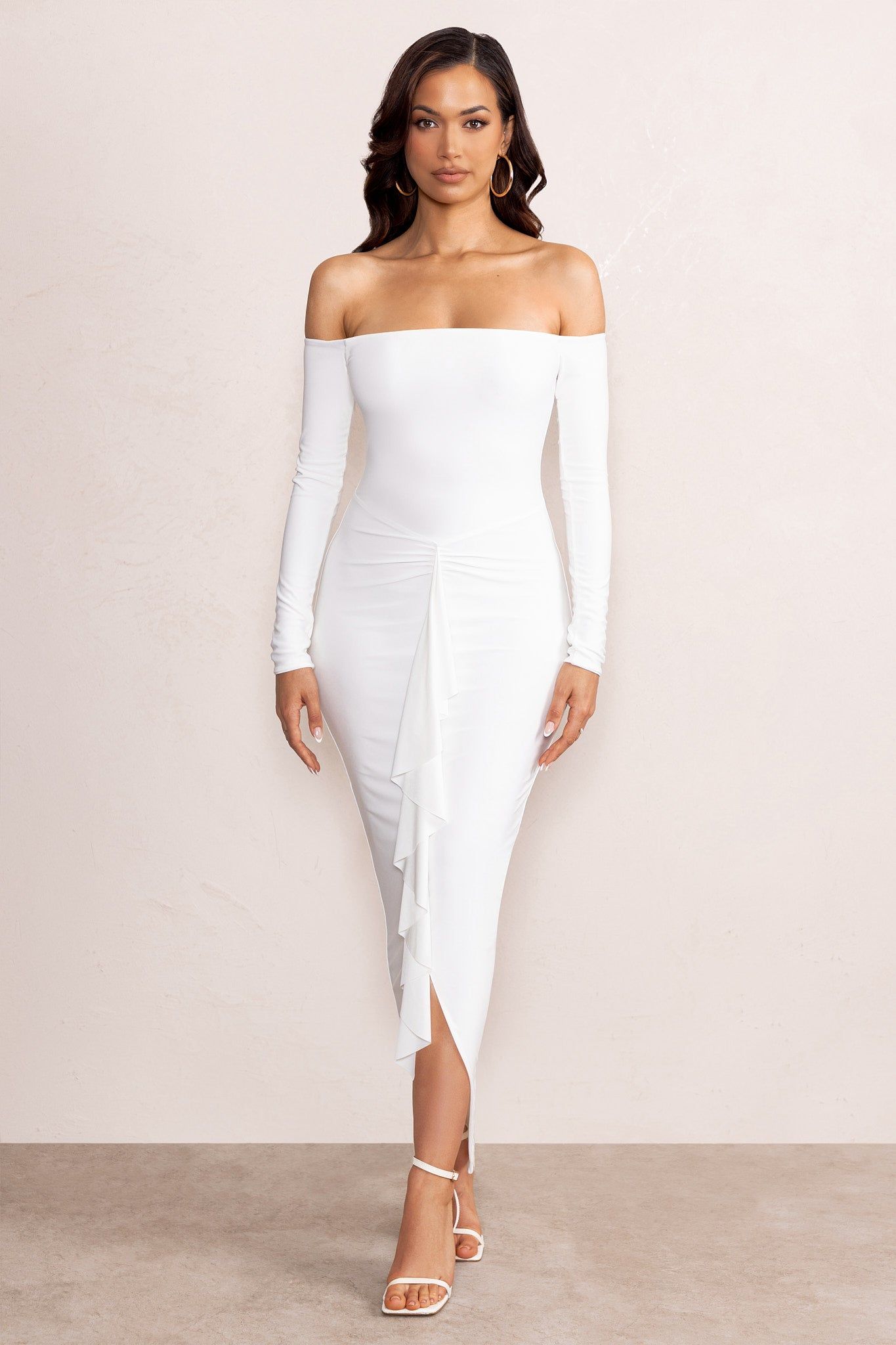 Leanora | White Long Sleeve Bardot Midi Dress with Front Ruffle sold by Club L London product image thumbnail 5