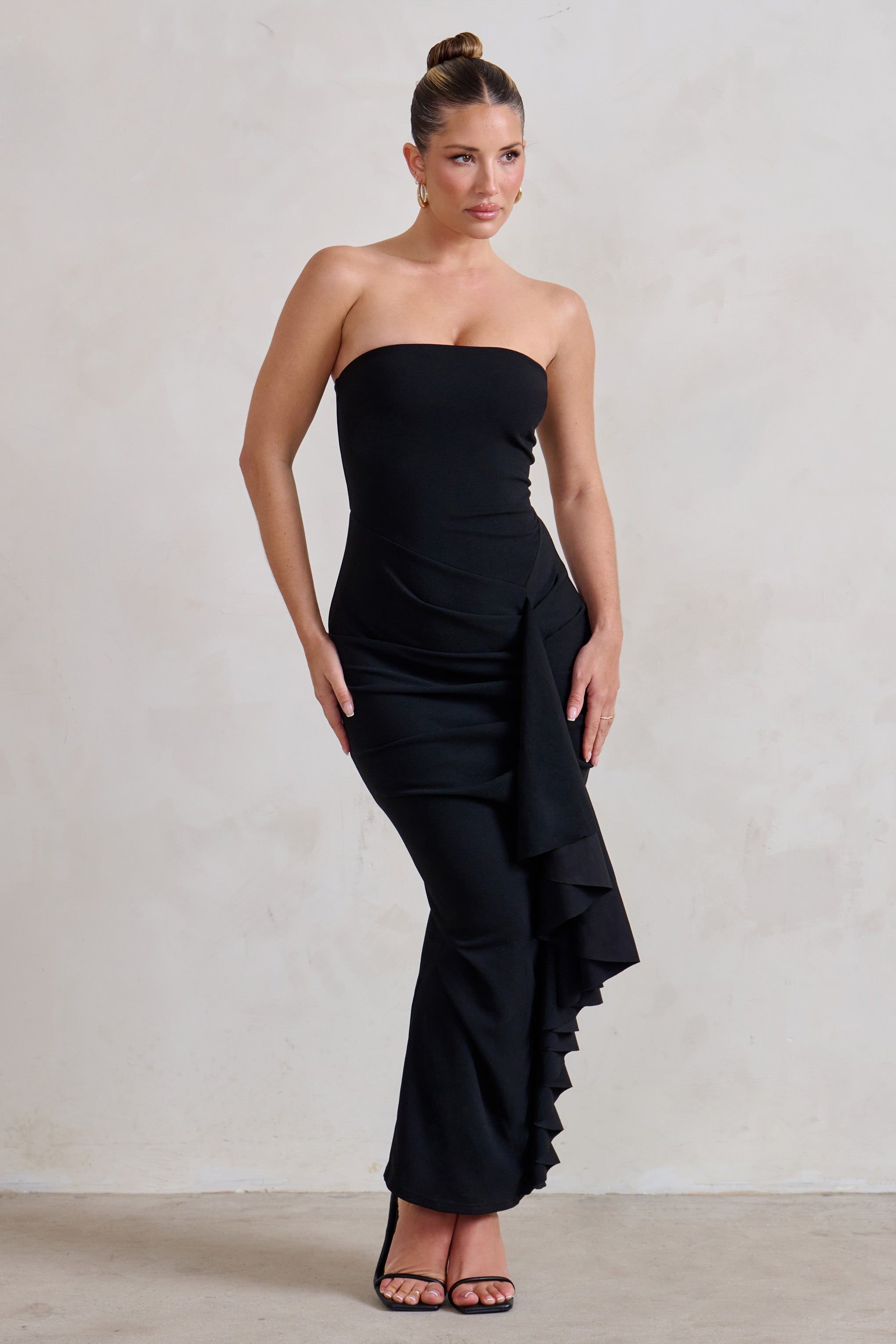 Fleur | Black Bandeau Ruffle Maxi Dress sold by Club L London