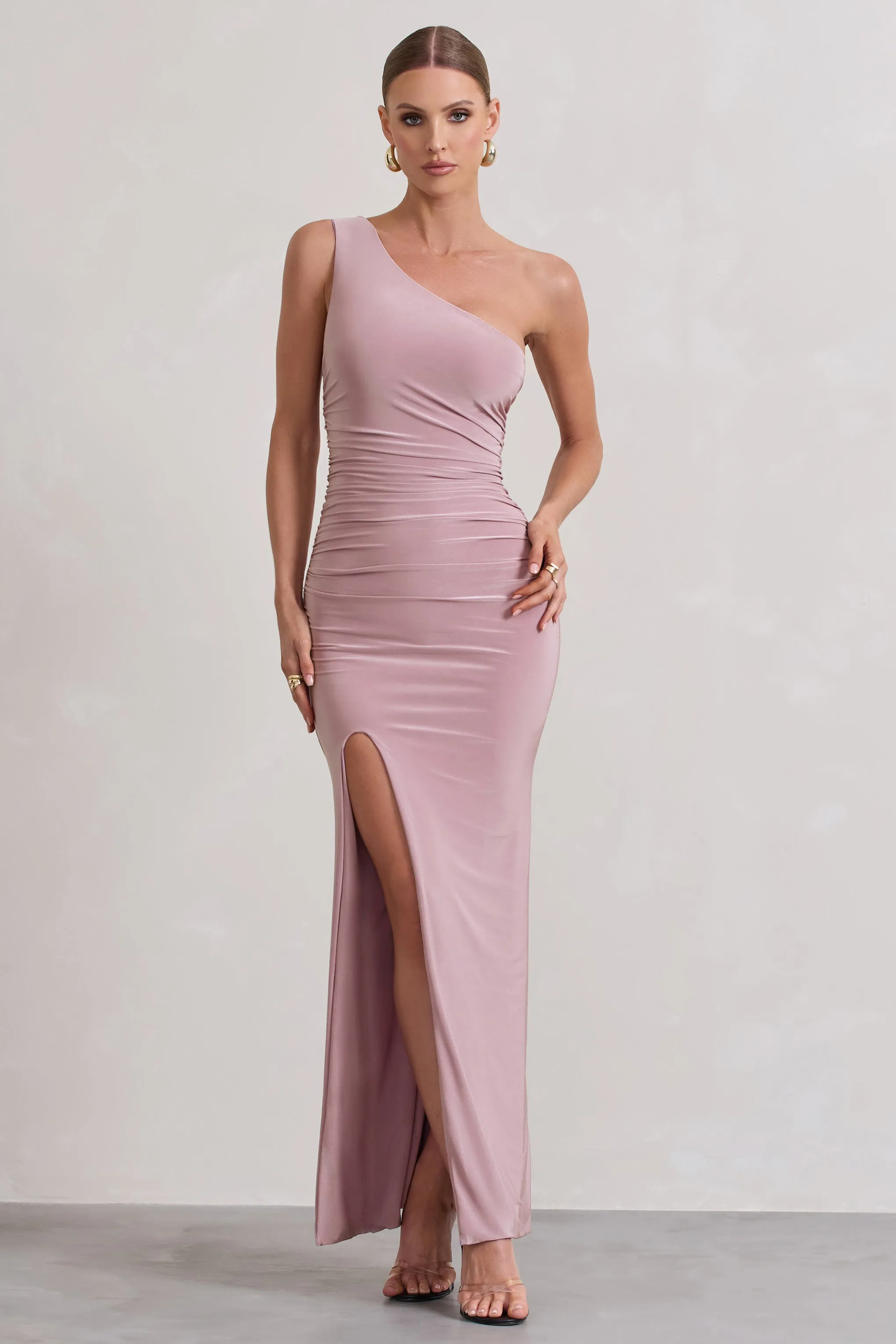 Ethereal | Dusky Lilac One Shoulder Ruched Split Maxi Dress sold by Club L London product image thumbnail 5