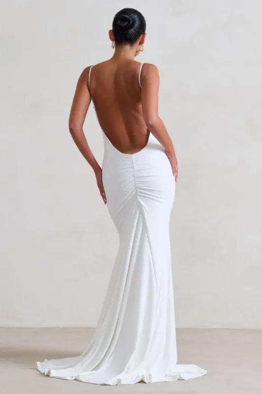 Adele | White Ruched Fishtail Cami Maxi Dress sold by Club L London