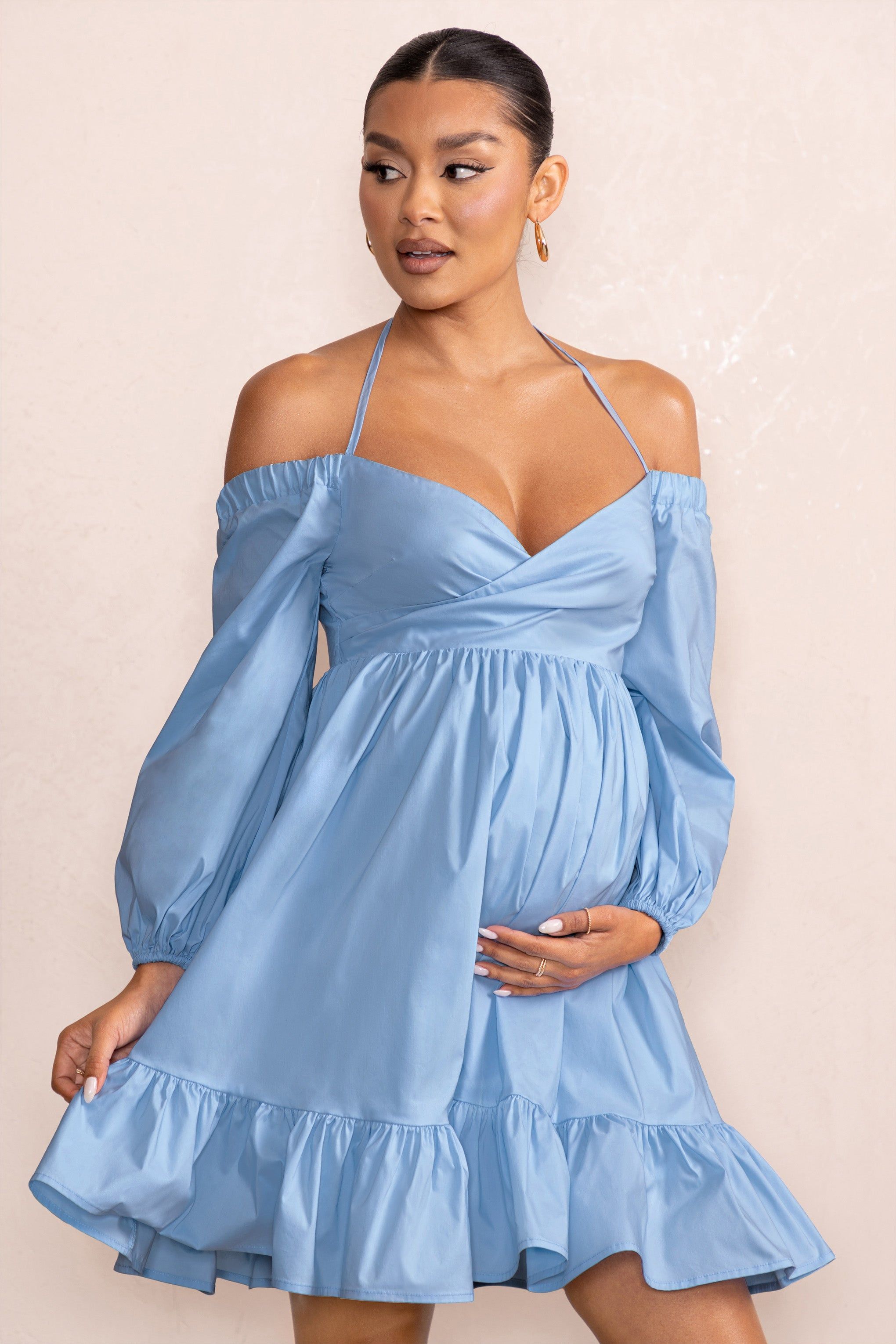 Kyra | Powder Blue Babydoll Maternity Mini Dress with Long Cold Shoulder Puff Sleeves sold by Club L London