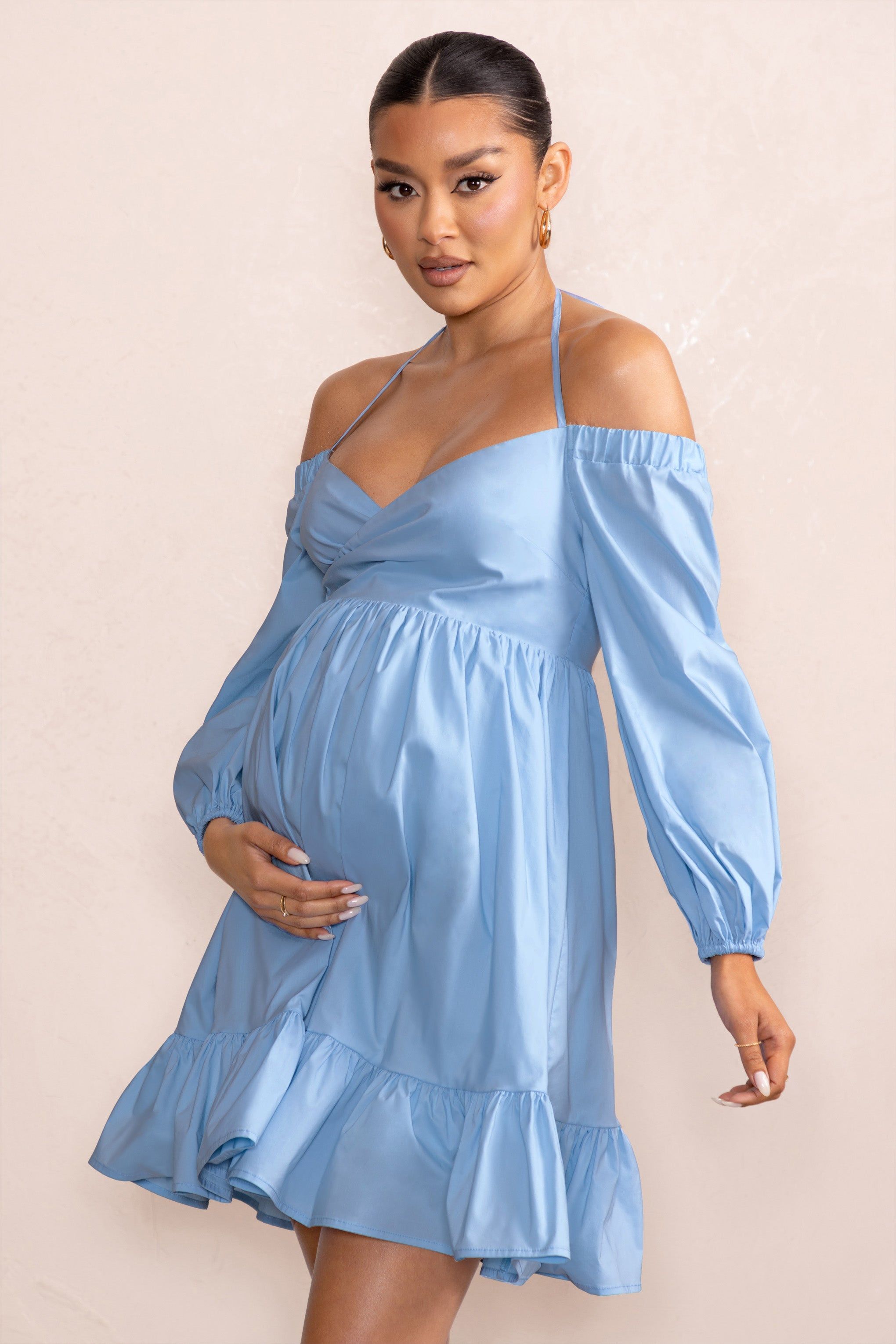 Kyra | Powder Blue Babydoll Maternity Mini Dress with Long Cold Shoulder Puff Sleeves sold by Club L London product image thumbnail 4
