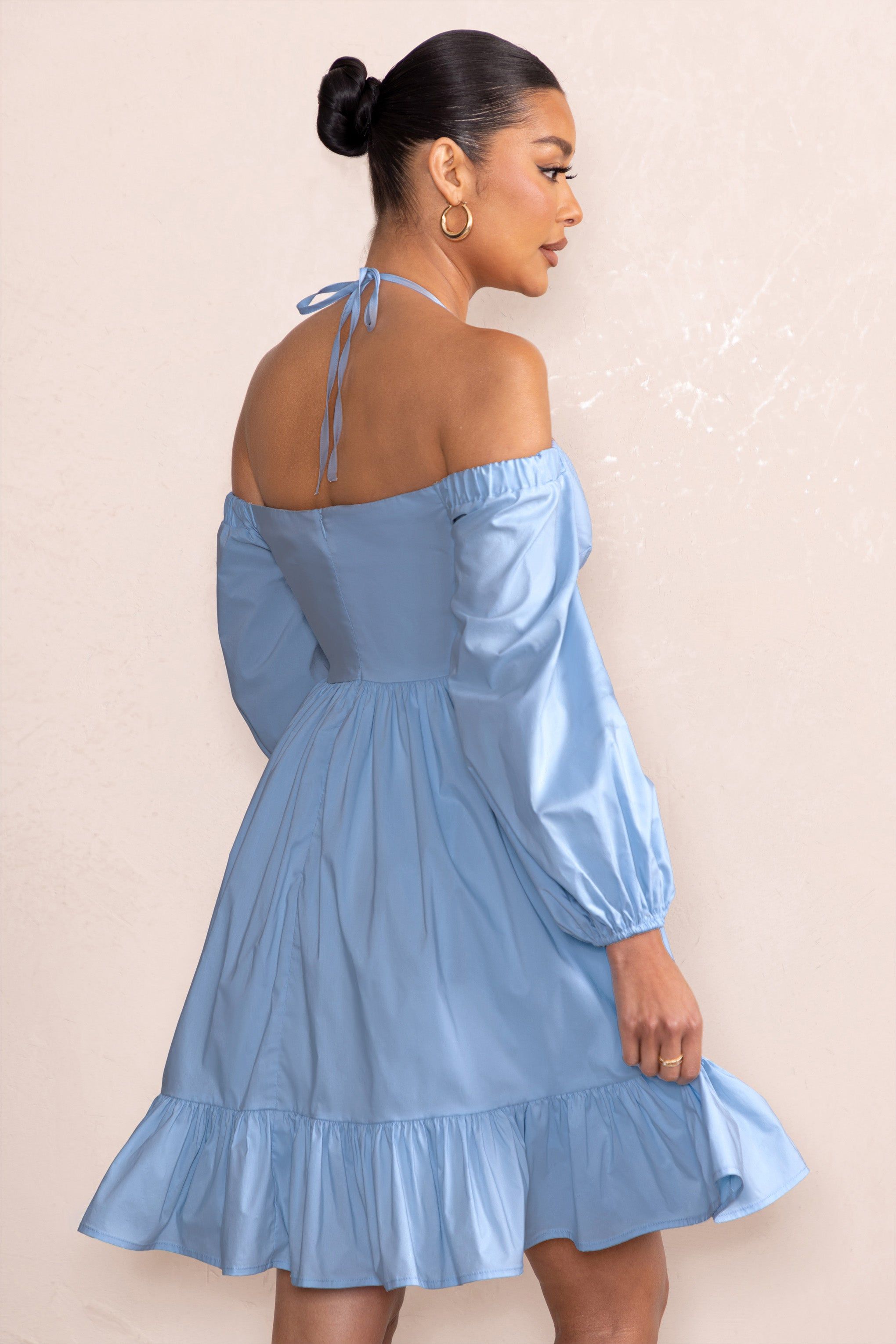 Kyra | Powder Blue Babydoll Maternity Mini Dress with Long Cold Shoulder Puff Sleeves sold by Club L London product image thumbnail 2