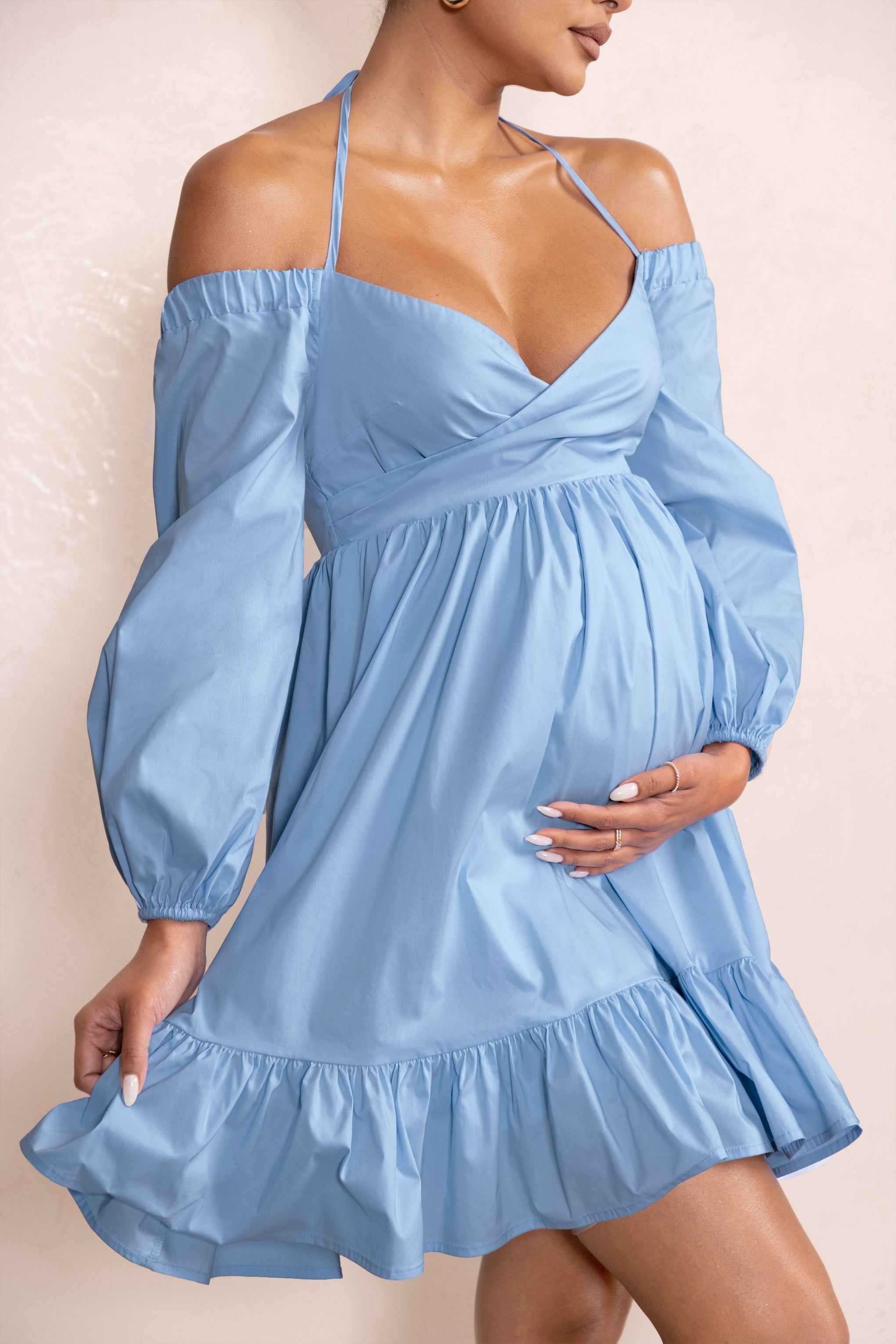 Kyra | Powder Blue Babydoll Maternity Mini Dress with Long Cold Shoulder Puff Sleeves sold by Club L London product image thumbnail 3