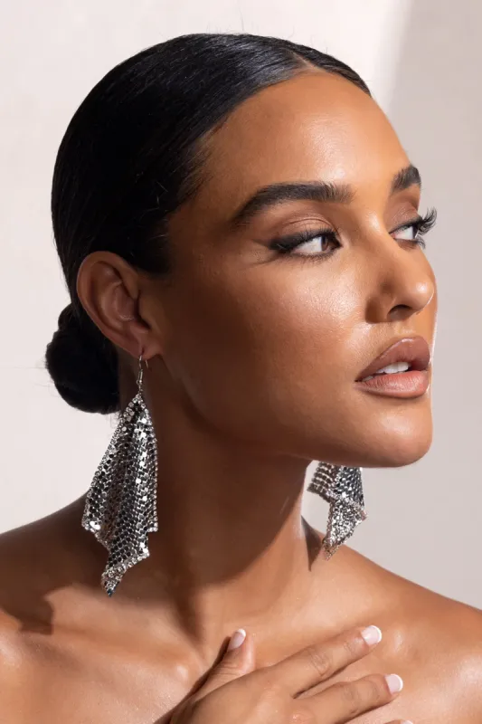 Giuseppa | Silver Diamante Chain Mail Drop Earrings sold by Club L London