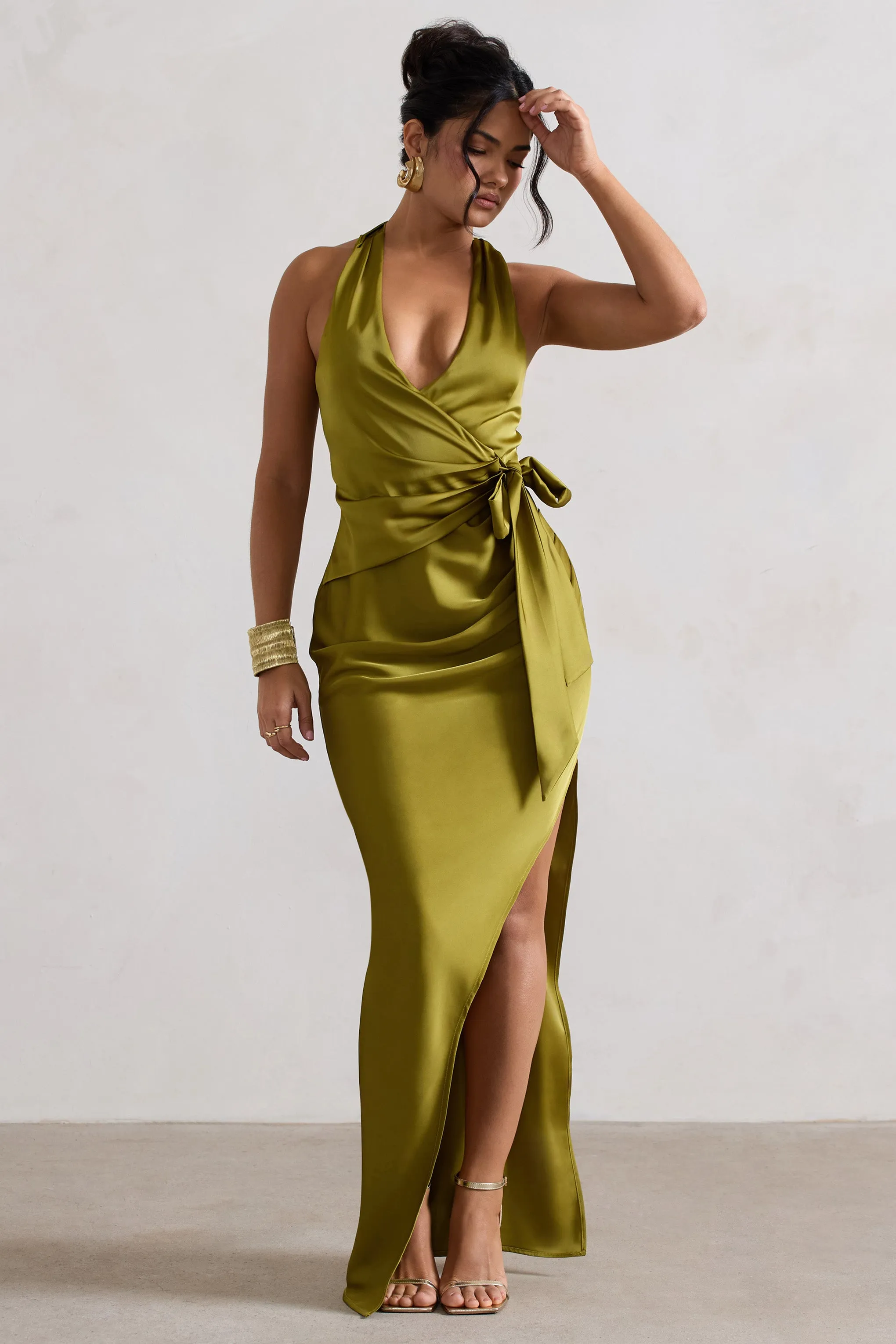 Santorini | Olive Satin Plunge-Neck Wrap Maxi Dress sold by Club L London