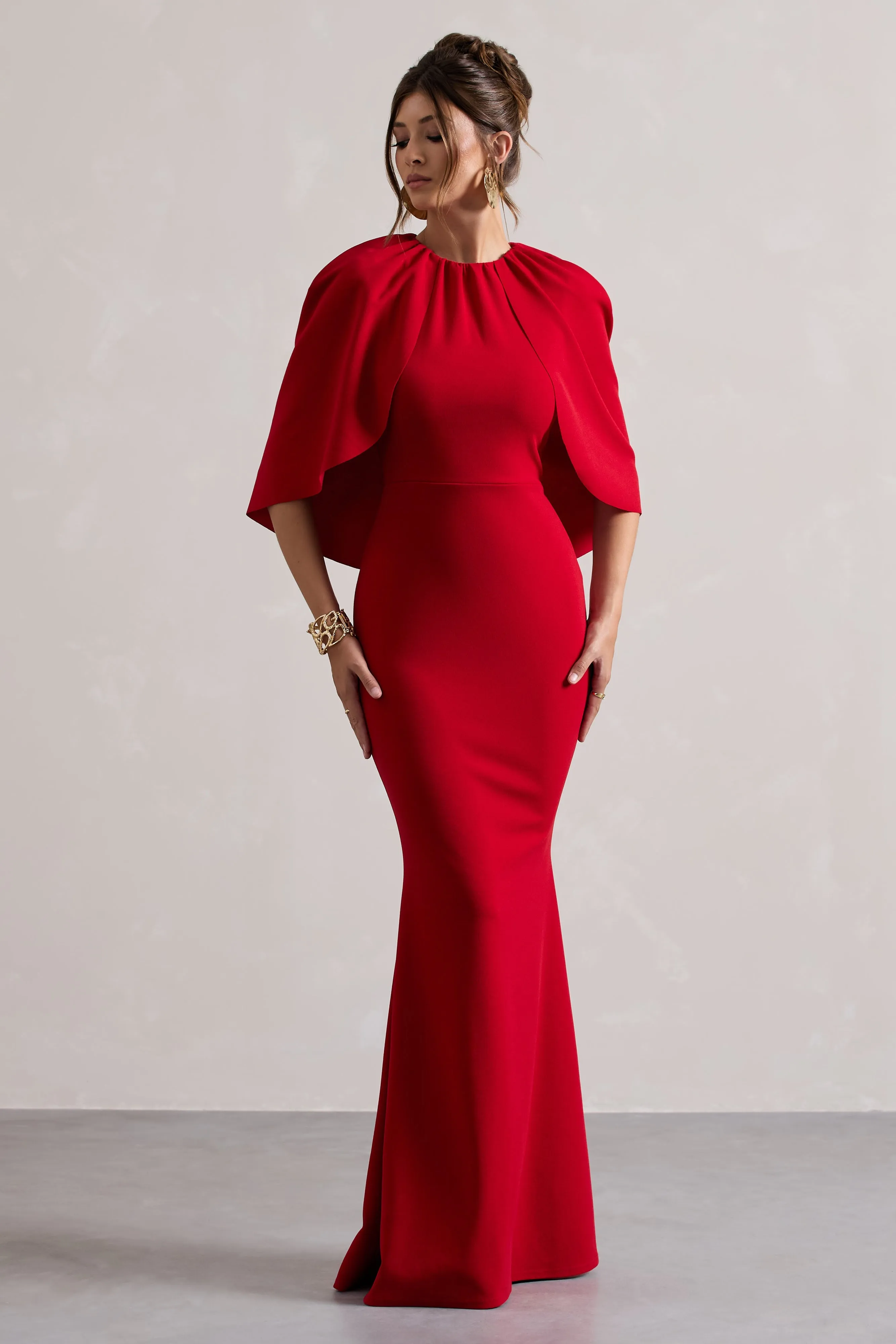 Kianne | Red Draped Short-Sleeve Maxi Dress sold by Club L London