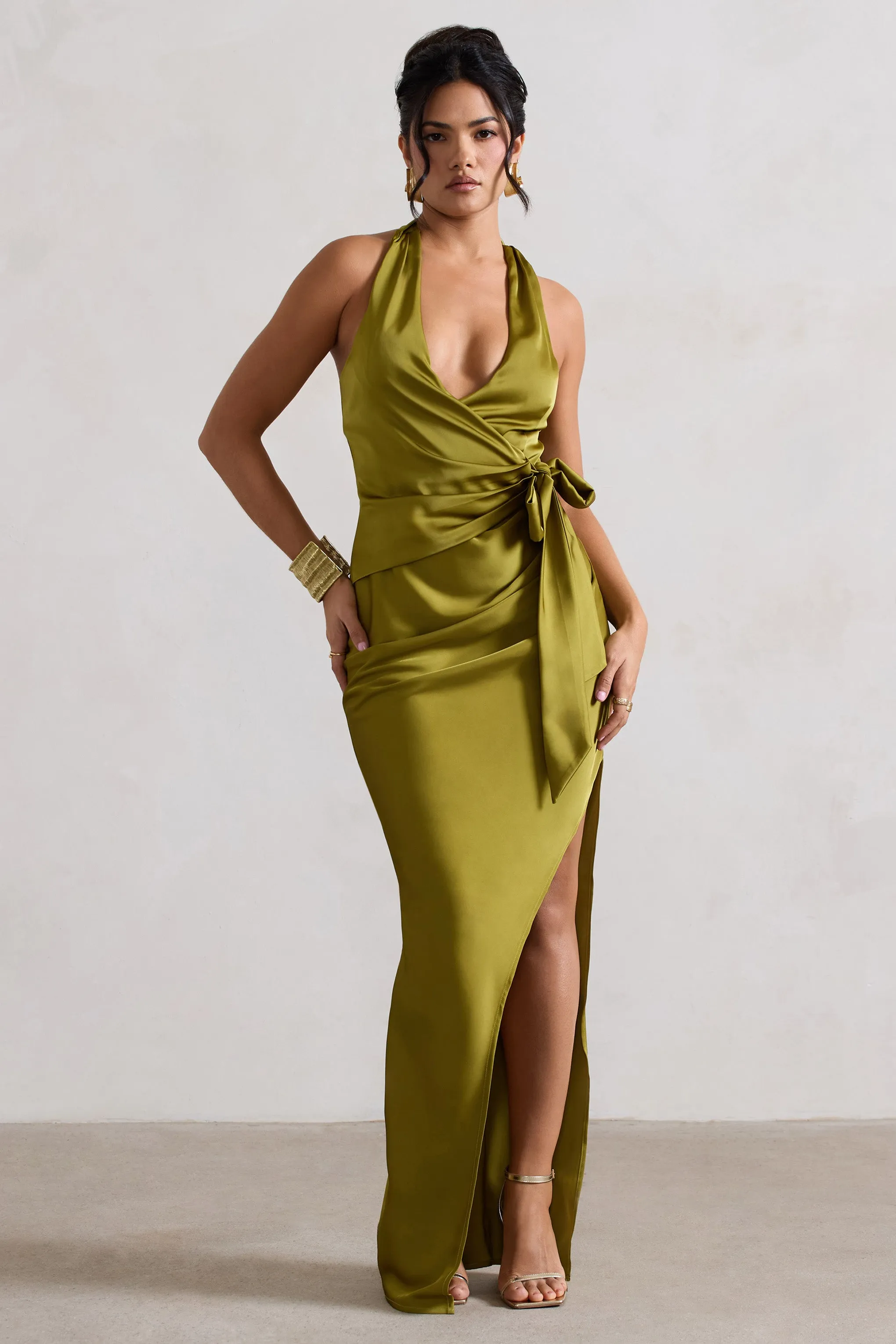 Santorini | Olive Satin Plunge-Neck Wrap Maxi Dress sold by Club L London product image thumbnail 4