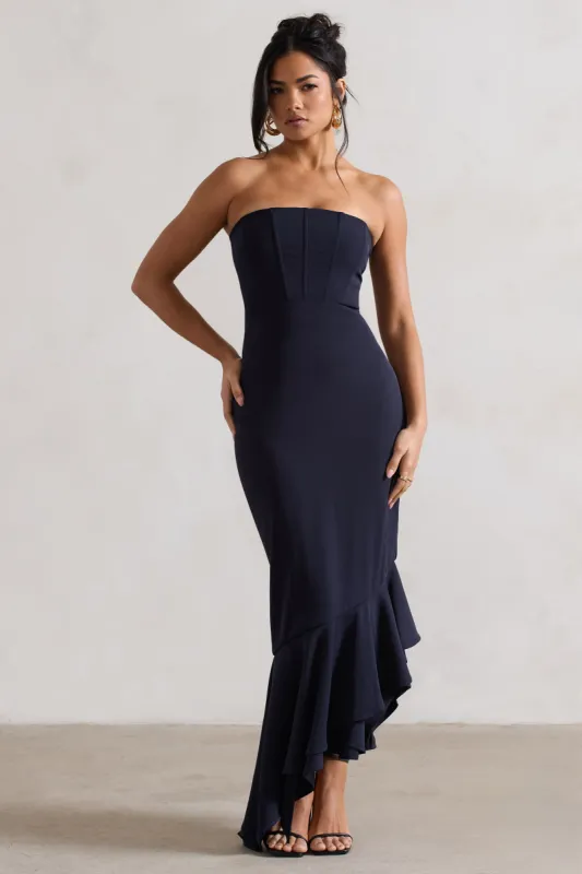Sandy | Navy Strapless Corset Asymmetric Maxi Dress sold by Club L London