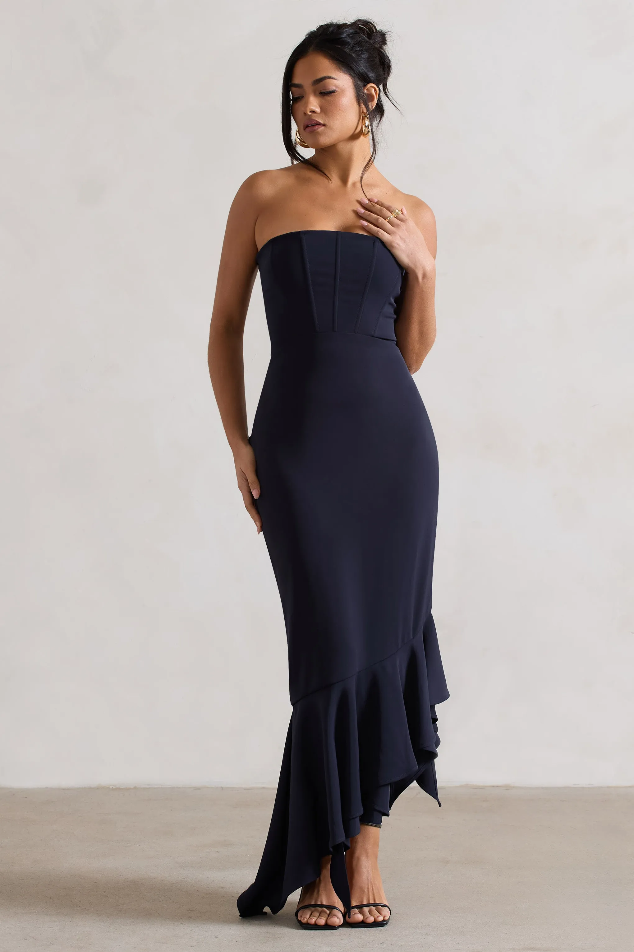 Sandy | Navy Strapless Corset Asymmetric Maxi Dress sold by Club L London product image thumbnail 5