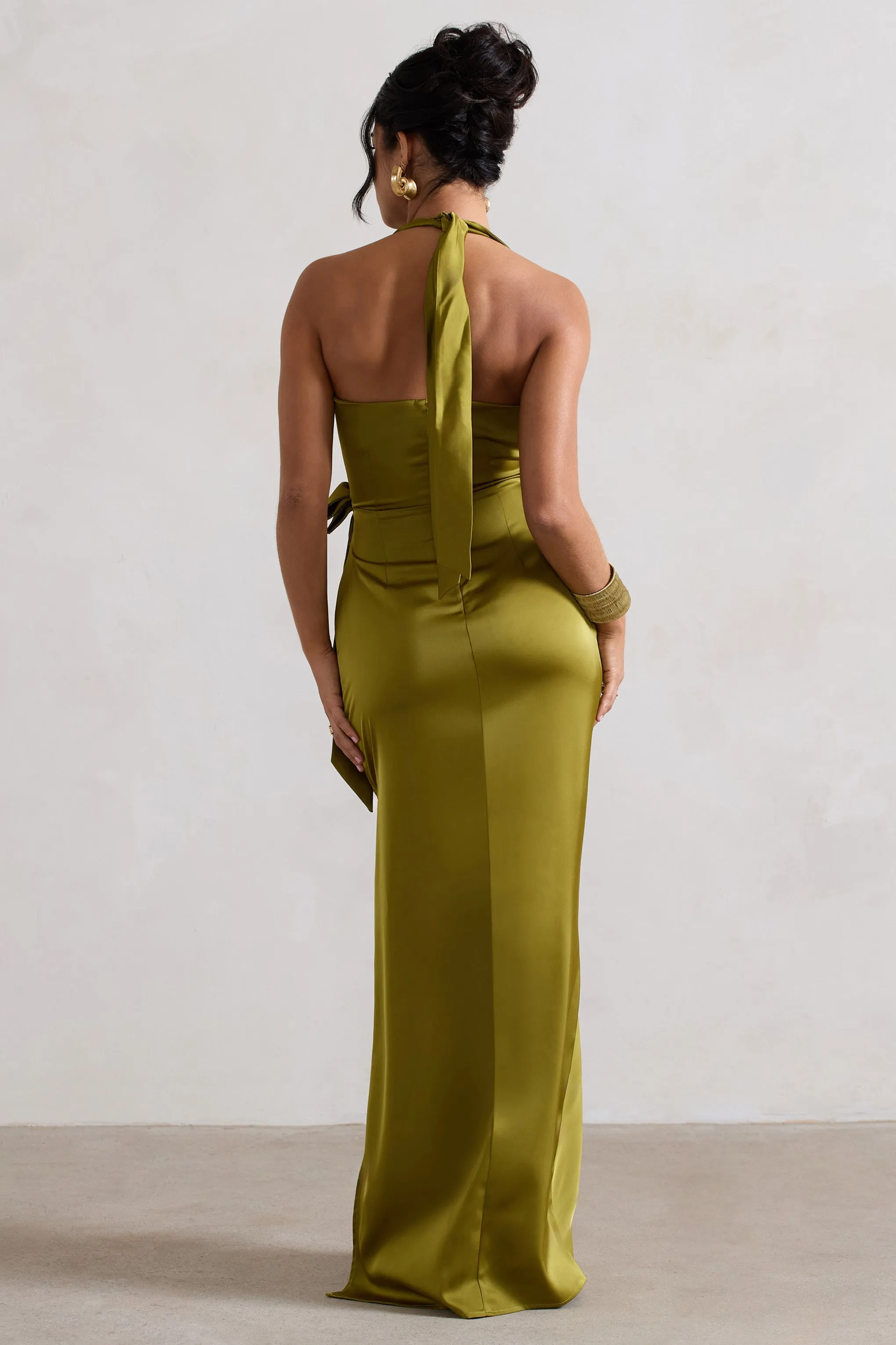 Santorini | Olive Satin Plunge-Neck Wrap Maxi Dress sold by Club L London product image thumbnail 2