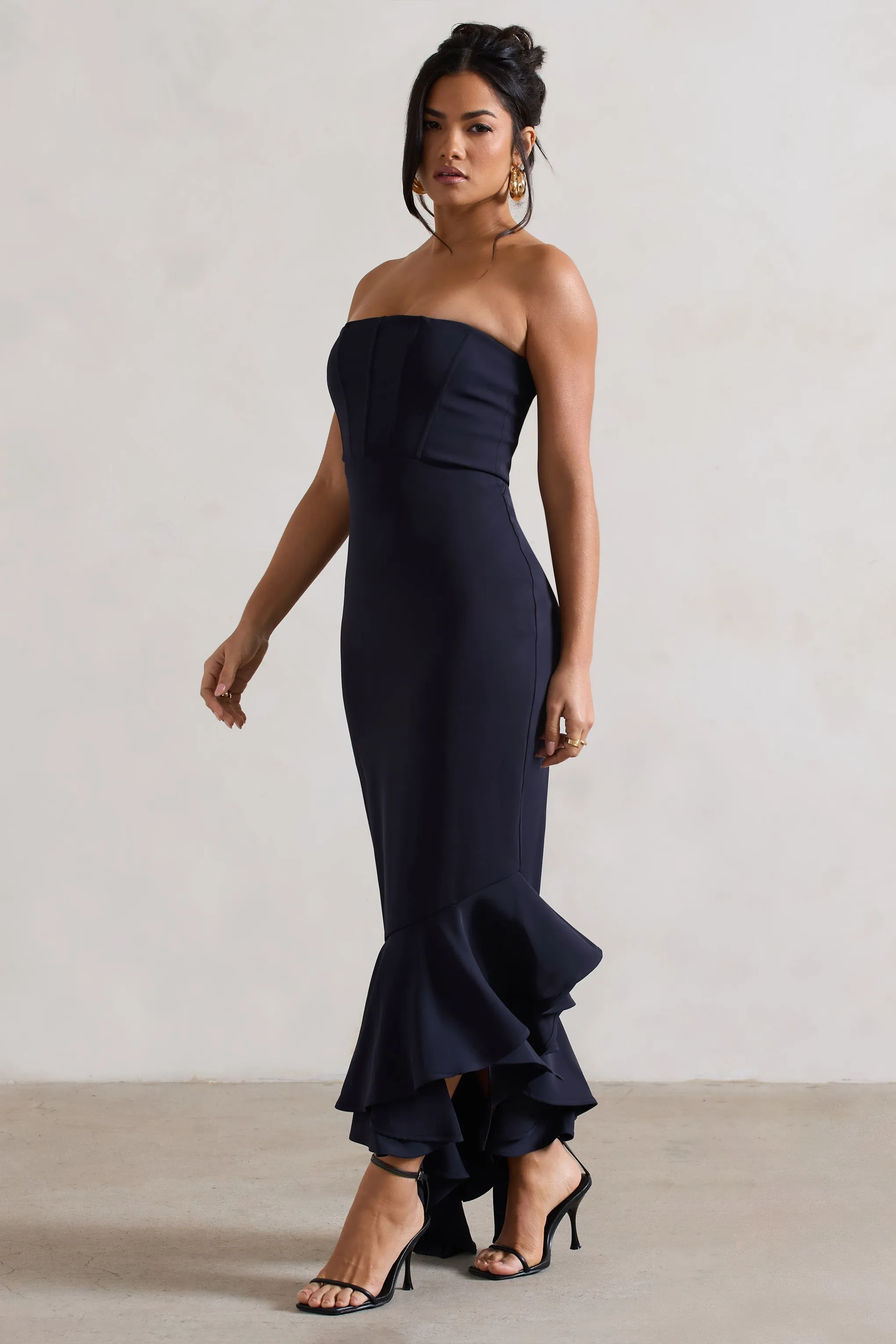 Sandy | Navy Strapless Corset Asymmetric Maxi Dress sold by Club L London product image thumbnail 4