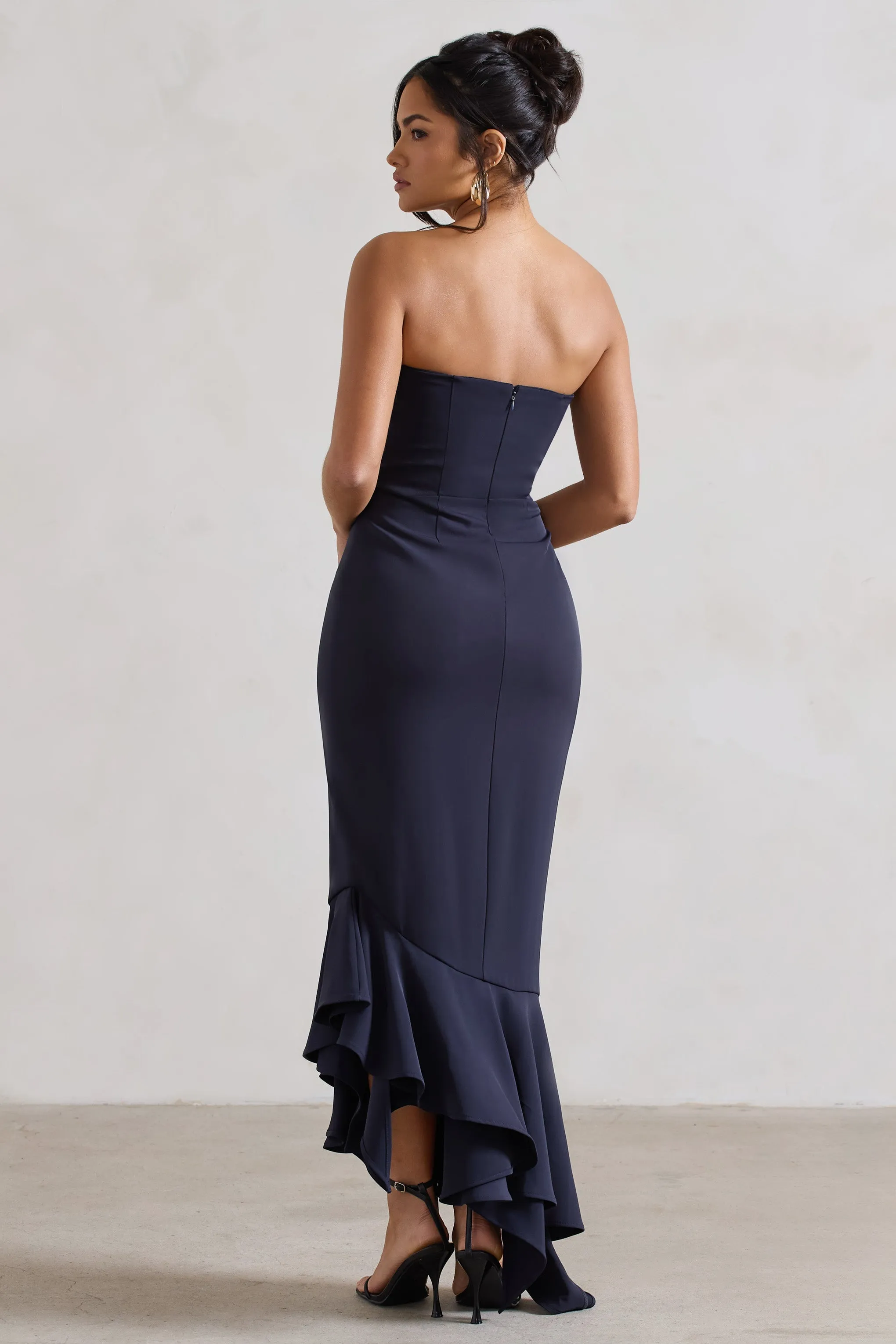 Sandy | Navy Strapless Corset Asymmetric Maxi Dress sold by Club L London product image thumbnail 2