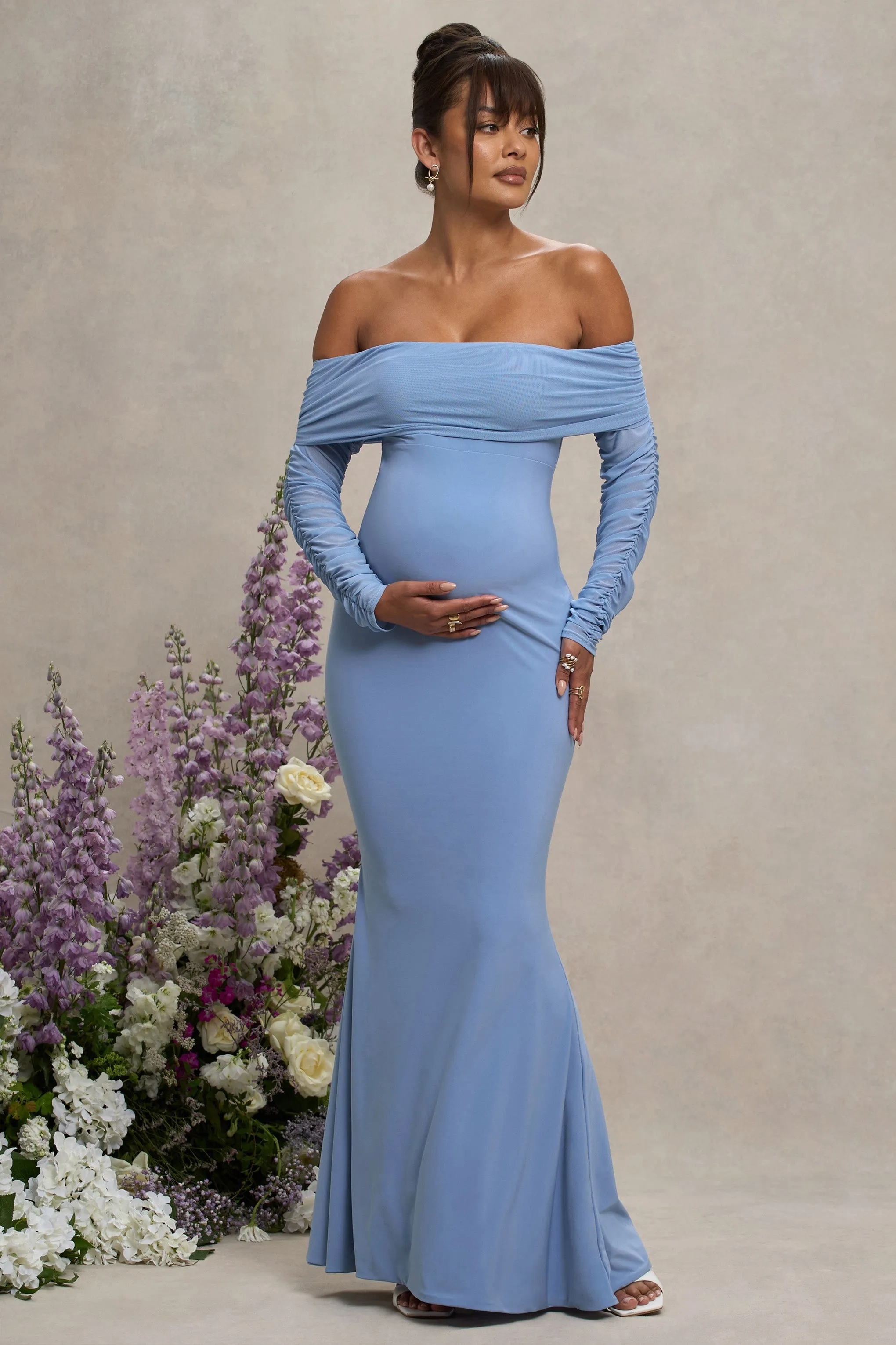Pretty Perfect | Powder Blue Maternity Ruched Mesh Bardot Maxi Dress sold by Club L London product image thumbnail 4