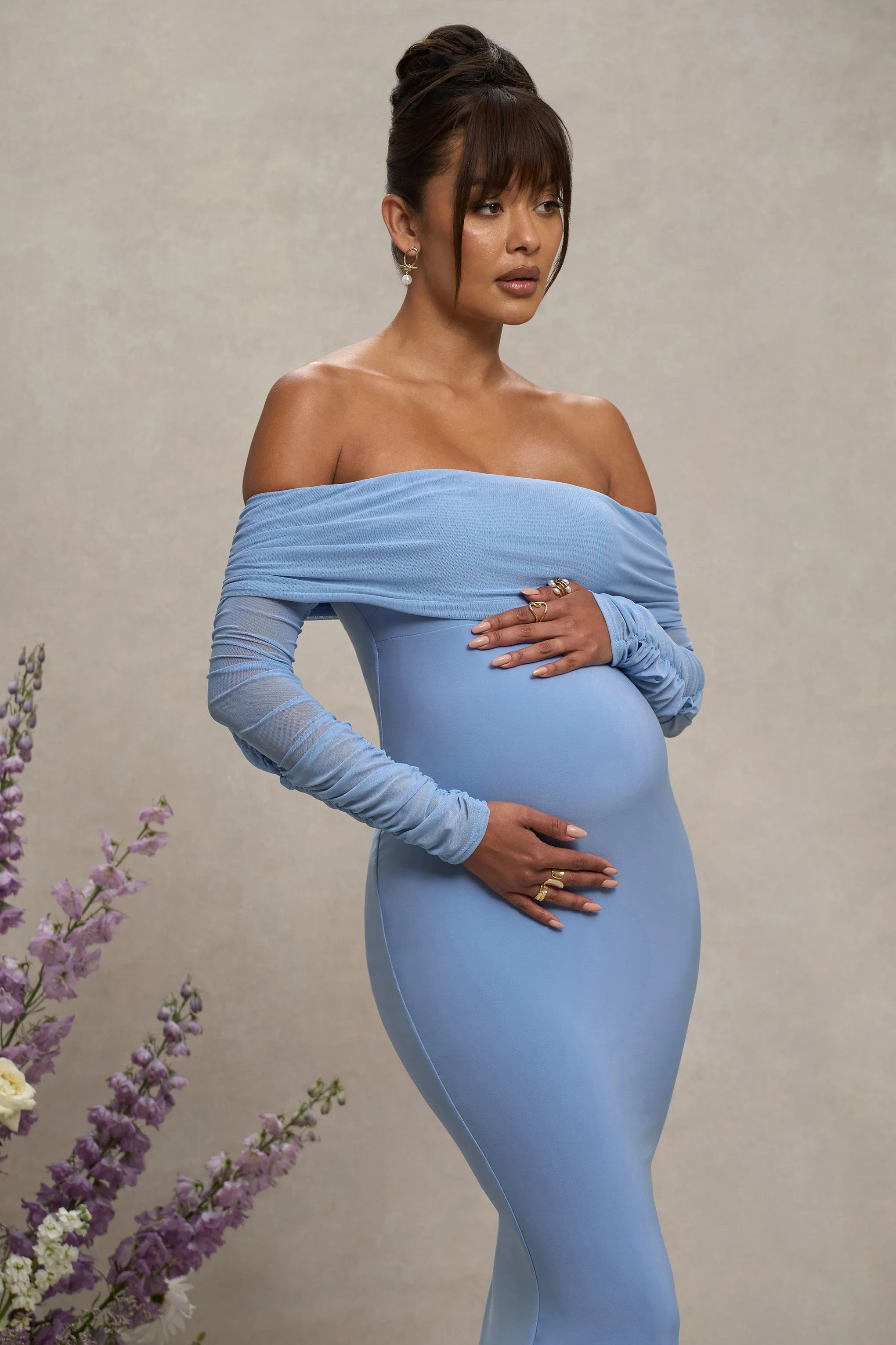 Pretty Perfect | Powder Blue Maternity Ruched Mesh Bardot Maxi Dress sold by Club L London product image thumbnail 3