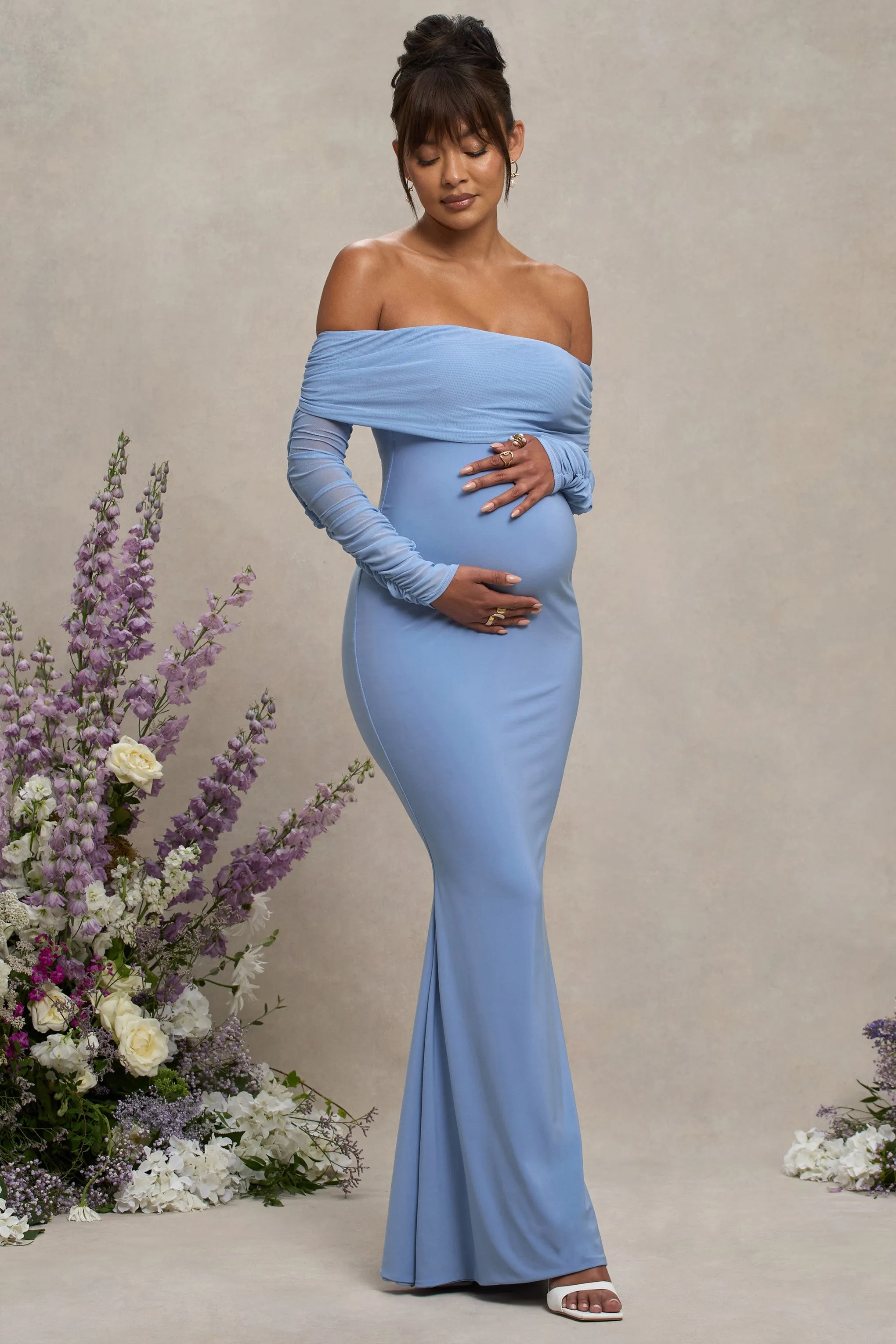 Pretty Perfect | Powder Blue Maternity Ruched Mesh Bardot Maxi Dress sold by Club L London product image thumbnail 5