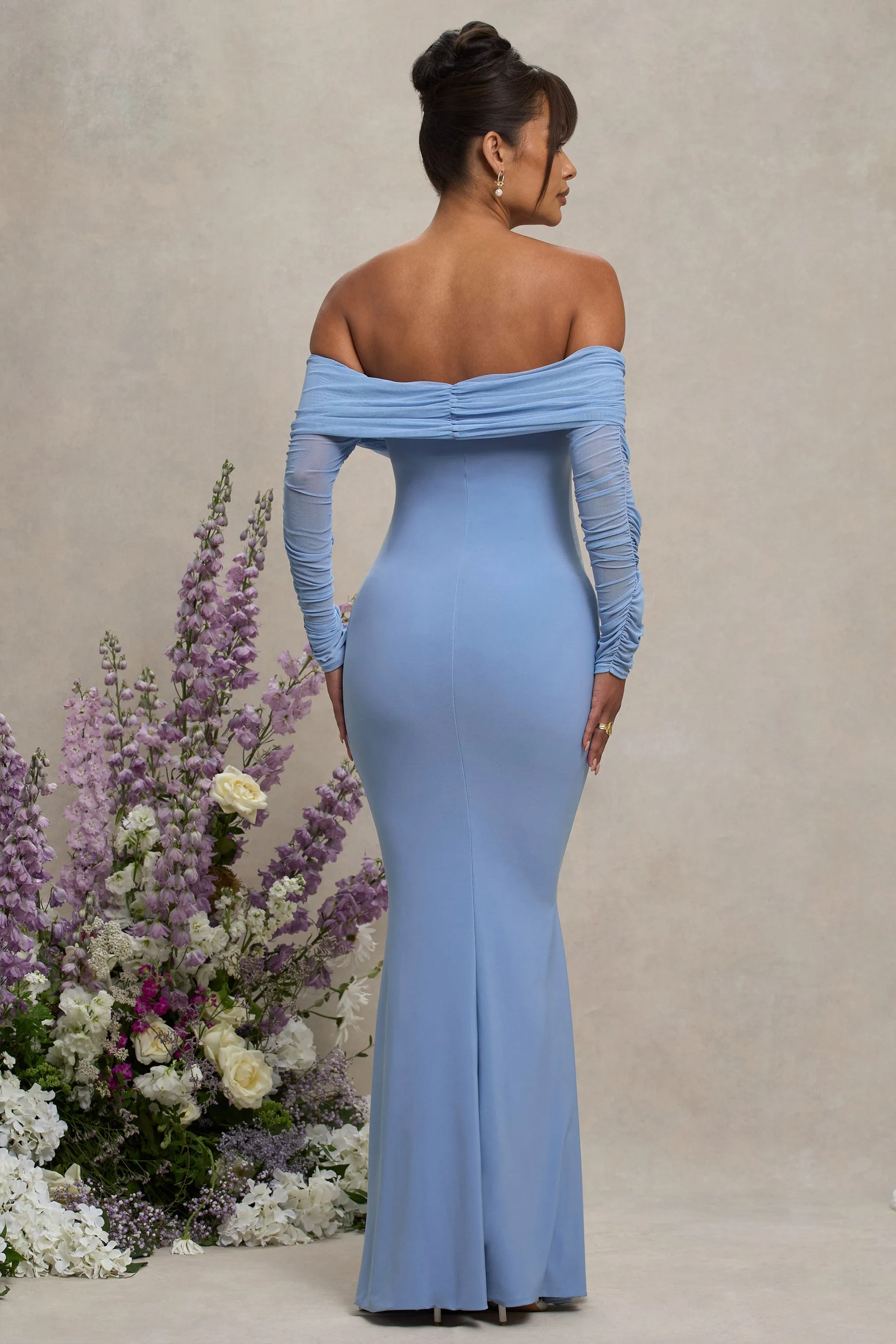 Pretty Perfect | Powder Blue Maternity Ruched Mesh Bardot Maxi Dress sold by Club L London product image thumbnail 2