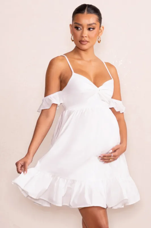 Kai | White Cami Babydoll Maternity Mini Dress With Ruffle Cold Shoulder Sleeves sold by Club L London