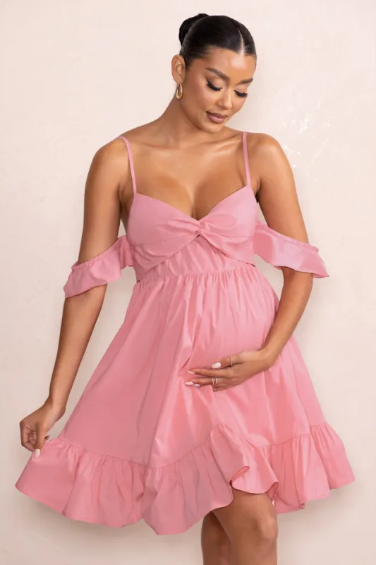 Kai | Blush Cami Babydoll Maternity Mini Dress With Ruffle Cold Shoulder Sleeves sold by Club L London