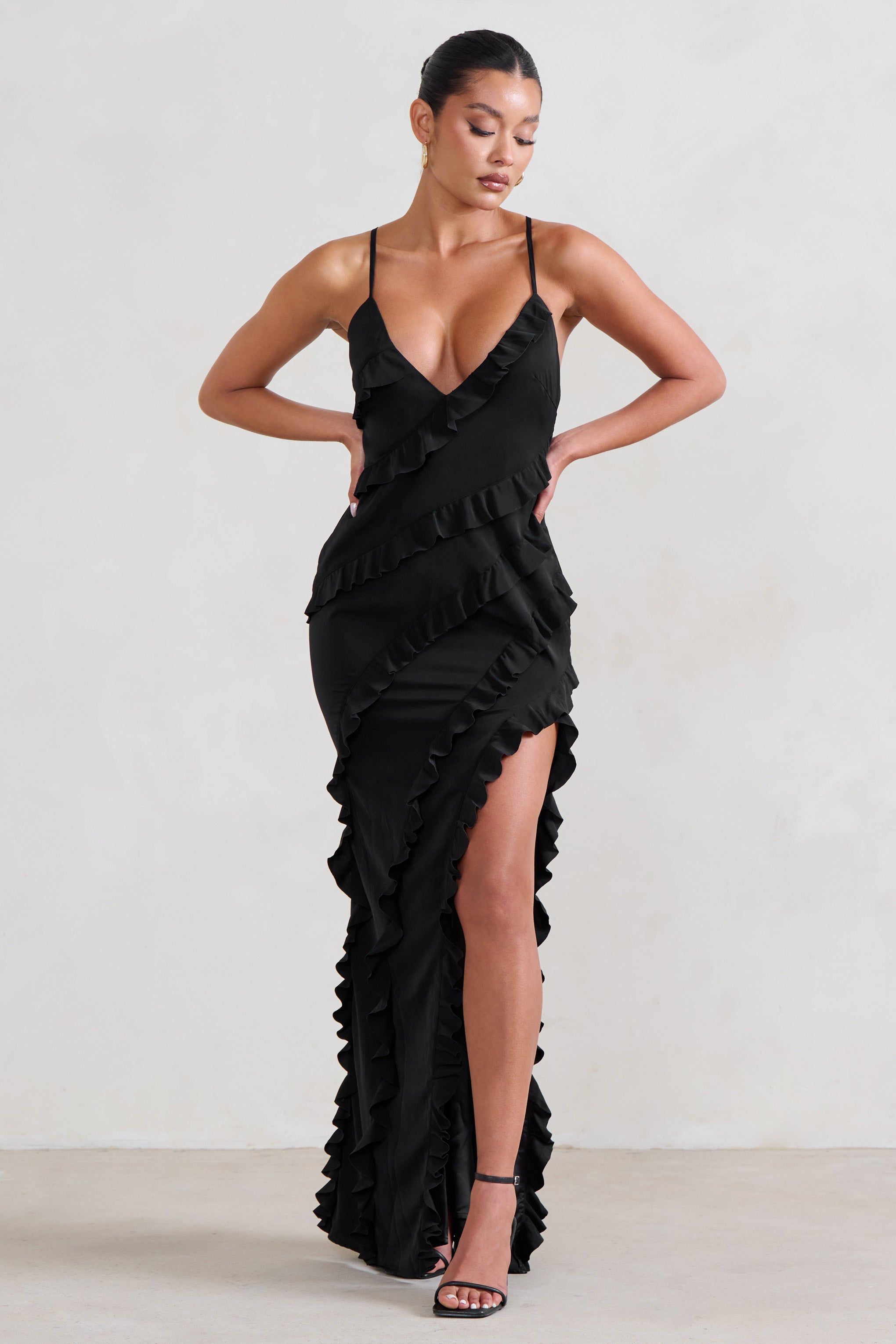 Run The World | Black Sweetheart Neckline Ruffle Maxi Dress sold by Club L London product image thumbnail 4