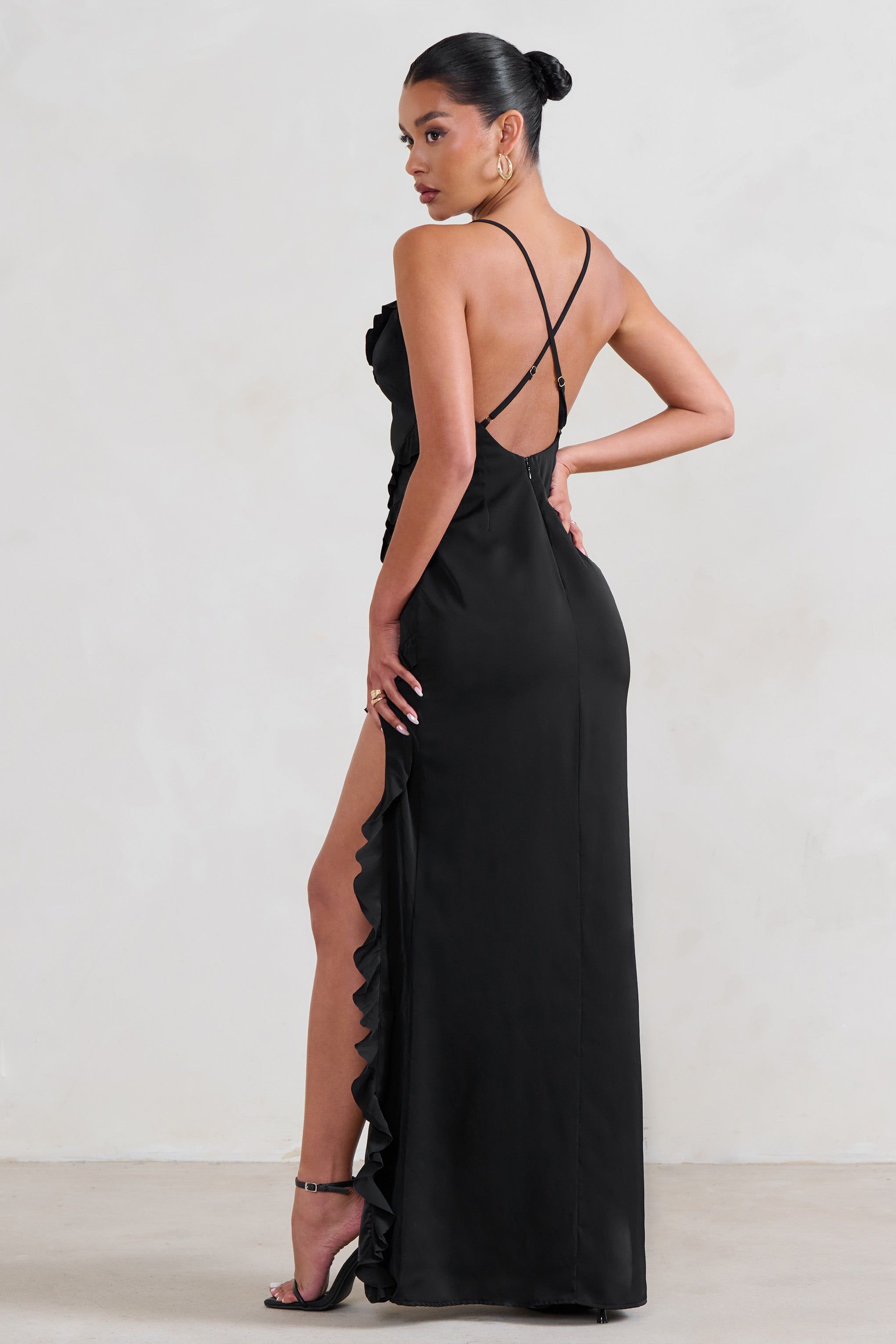 Run The World | Black Sweetheart Neckline Ruffle Maxi Dress sold by Club L London product image thumbnail 2