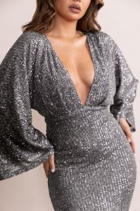 Sahar | Gunmetal Grey Sequin Plunge Neck Long Sleeves Maxi Dress sold by Club L London