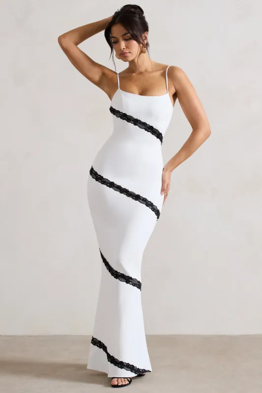 Elizabeth | White & Black Strappy Lace-Trimmed Maxi Dress sold by Club L London