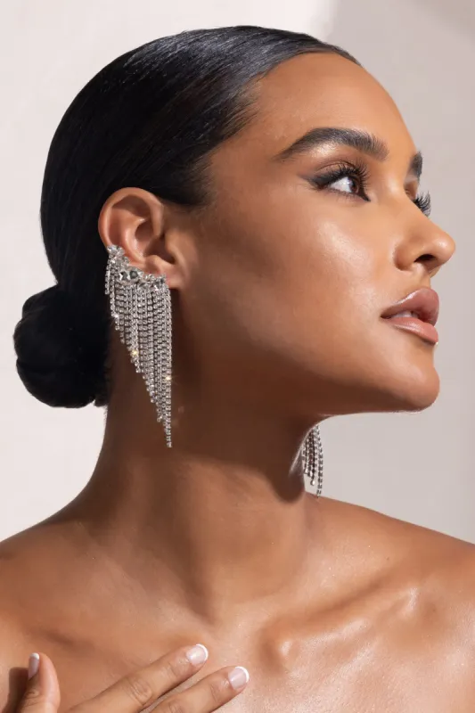 Beatrice | Silver Diamante Tassel Drop Cuff Earrings sold by Club L London