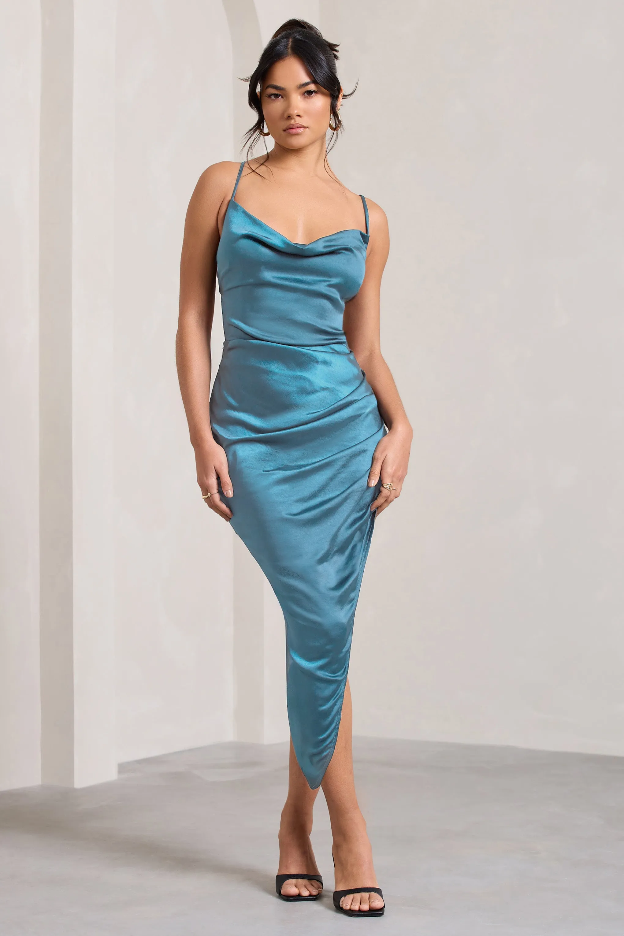Risk It All | Blue Cami Cowl Neck Asymmetric Hem Midi Dress sold by Club L London product image thumbnail 3