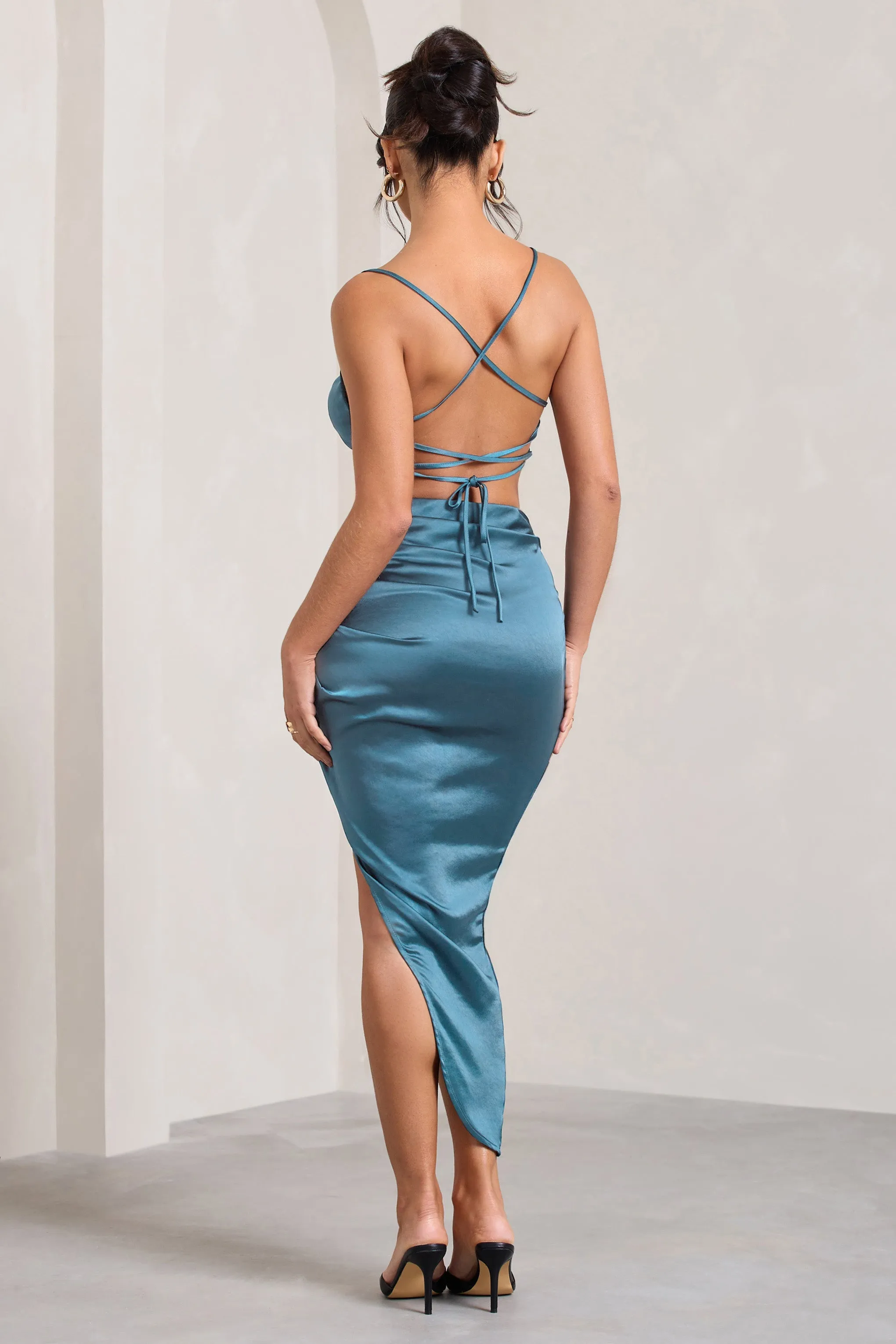 Risk It All | Blue Cami Cowl Neck Asymmetric Hem Midi Dress sold by Club L London product image thumbnail 4