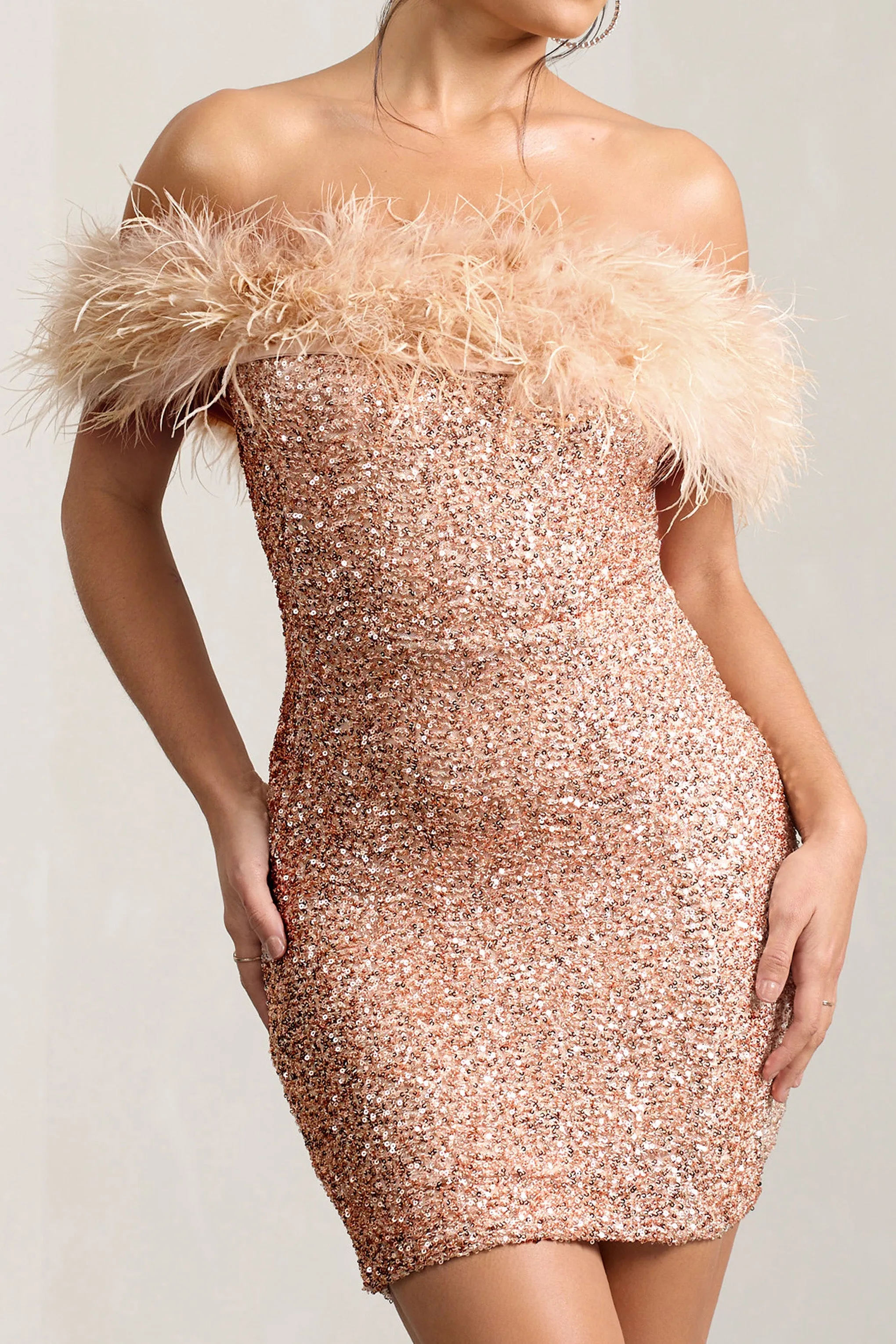 New Money | Gold Bodycon Sequin Mini Dress With Feather Trim sold by Club L London product image thumbnail 3
