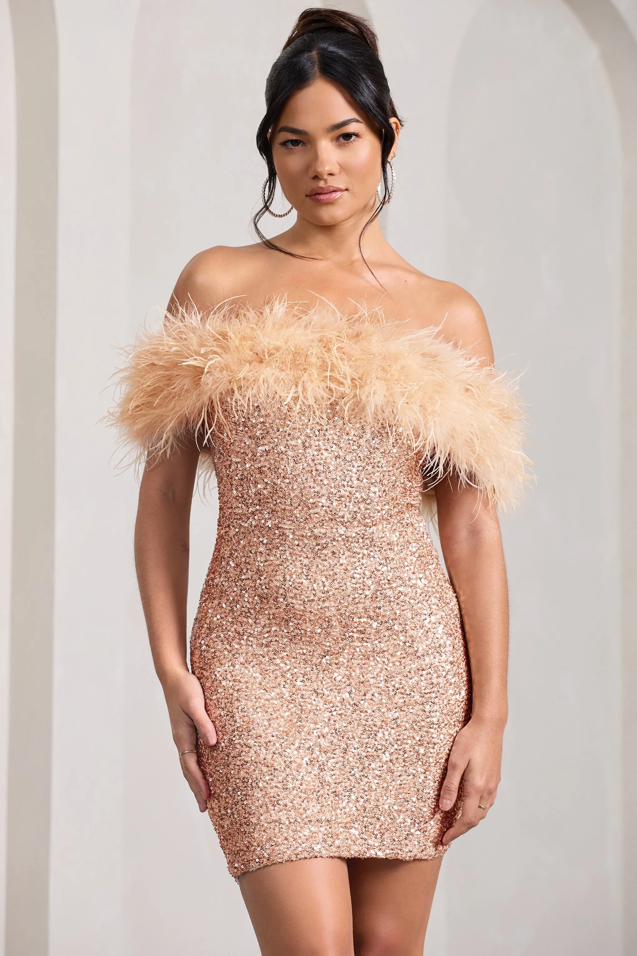New Money | Gold Bodycon Sequin Mini Dress With Feather Trim sold by Club L London product image thumbnail 4