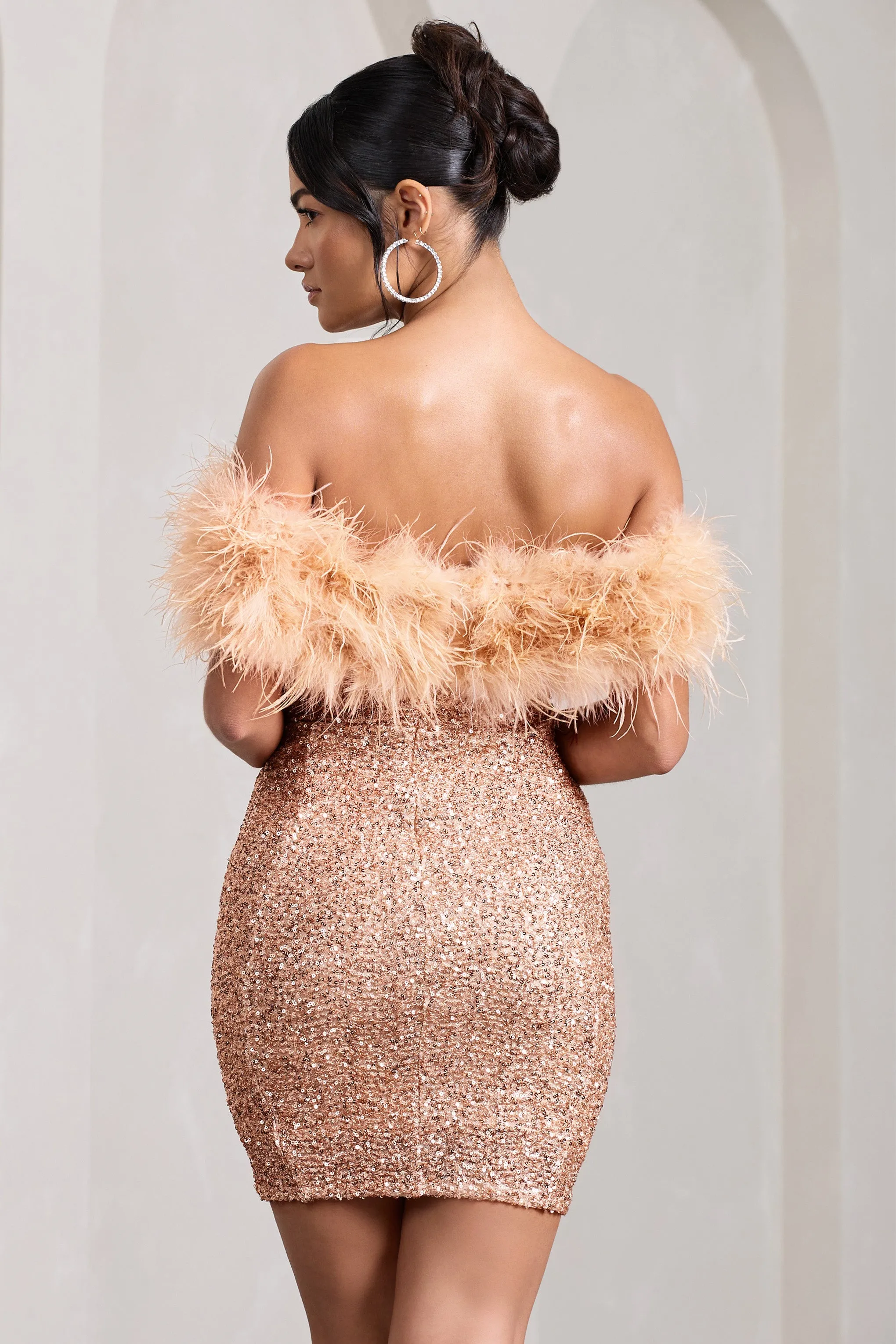 New Money | Gold Bodycon Sequin Mini Dress With Feather Trim sold by Club L London product image thumbnail 2