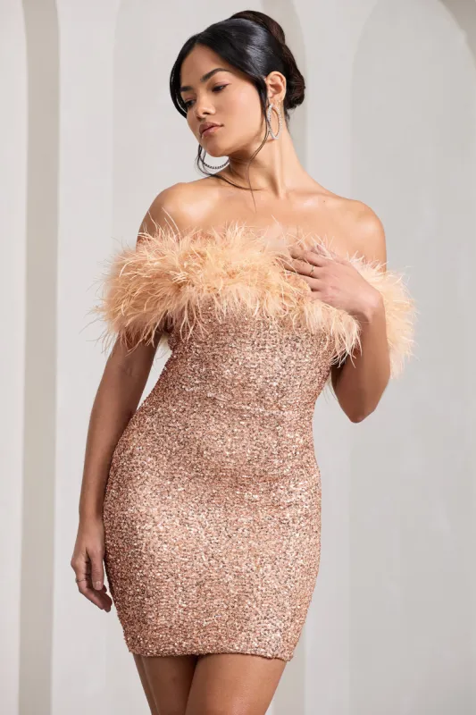 New Money | Gold Bodycon Sequin Mini Dress With Feather Trim sold by Club L London