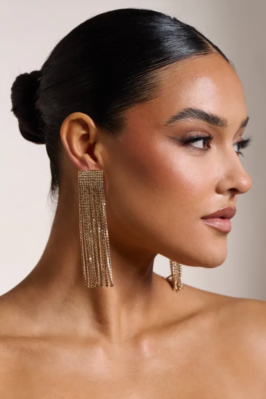 Pasha | Gold Diamante Tassel Earrings sold by Club L London