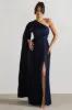 My Vision | Navy Plisse Asymmetric Split Maxi Dress With Cape Sleeve sold by Club L London