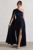 My Vision | Navy Plisse Asymmetric Split Maxi Dress With Cape Sleeve sold by Club L London