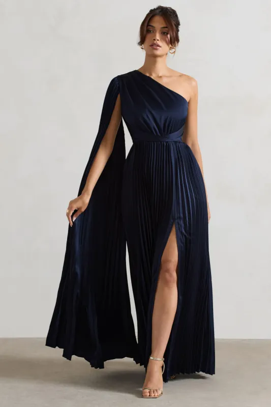 My Vision | Navy Plisse Asymmetric Split Maxi Dress With Cape Sleeve sold by Club L London