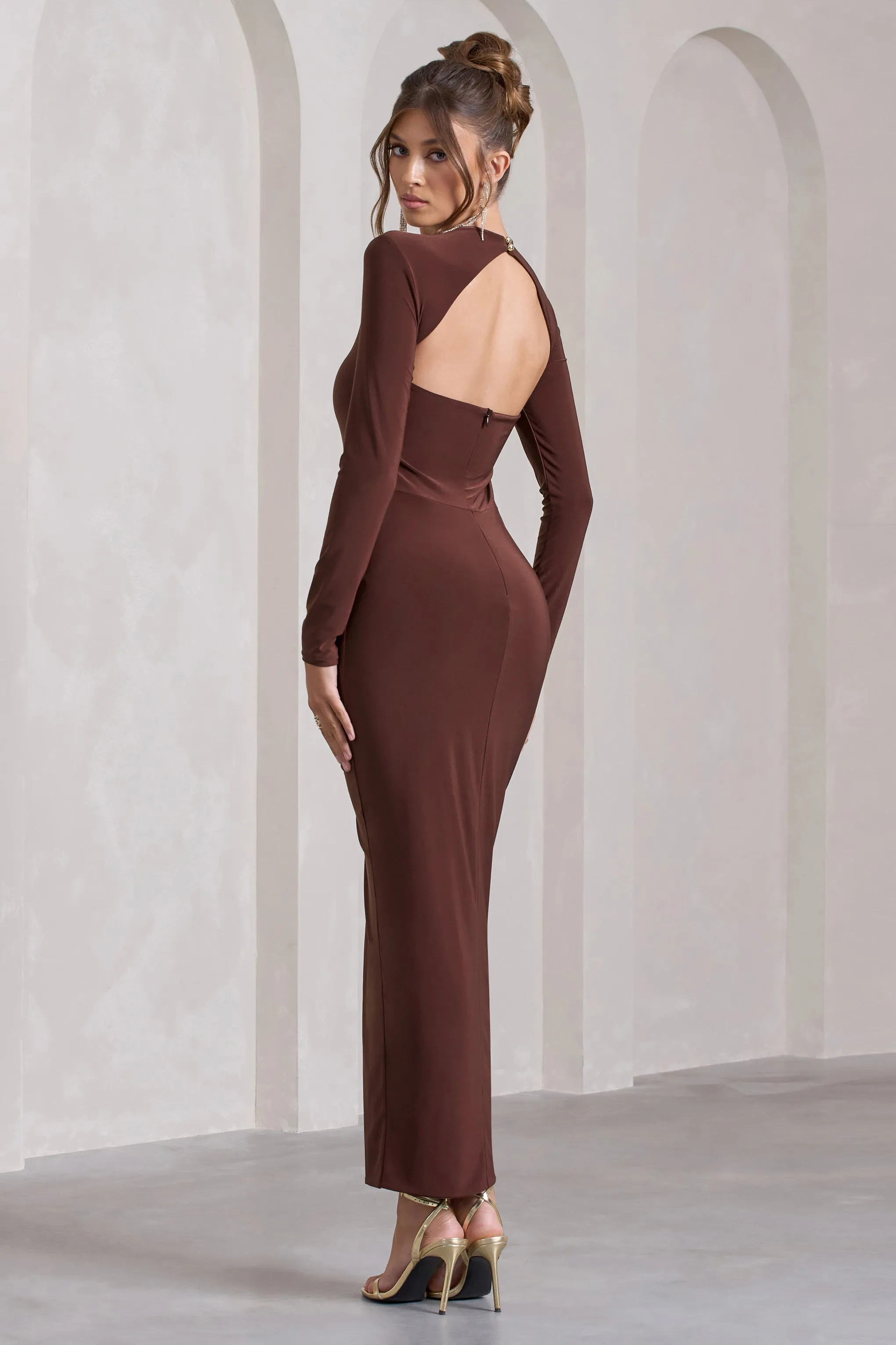 Katy | Chocolate Ruched Long-Sleeve Split Maxi Dress sold by Club L London product image thumbnail 5
