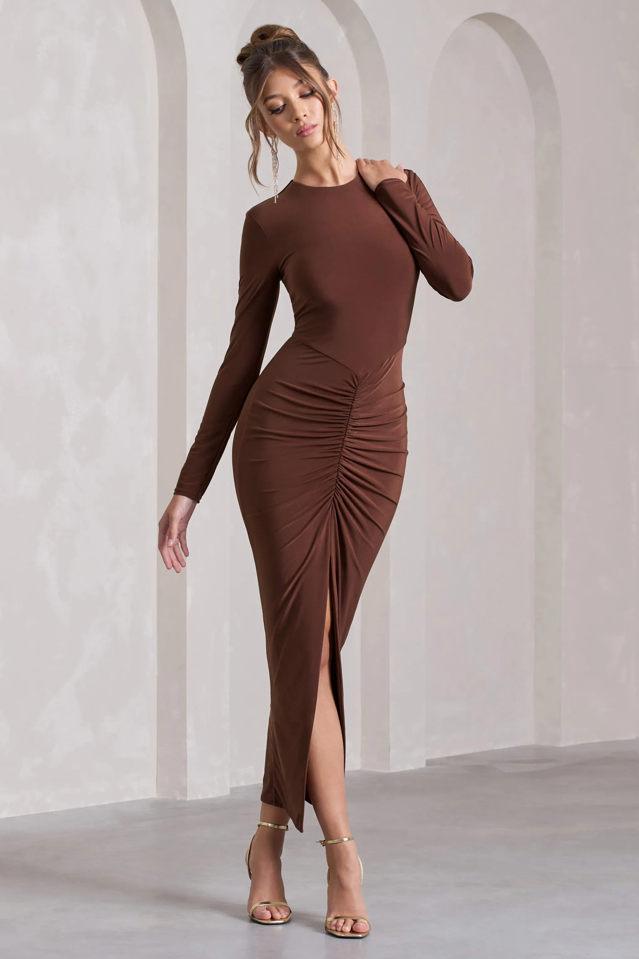Katy | Chocolate Ruched Long-Sleeve Split Maxi Dress sold by Club L London product image thumbnail 3