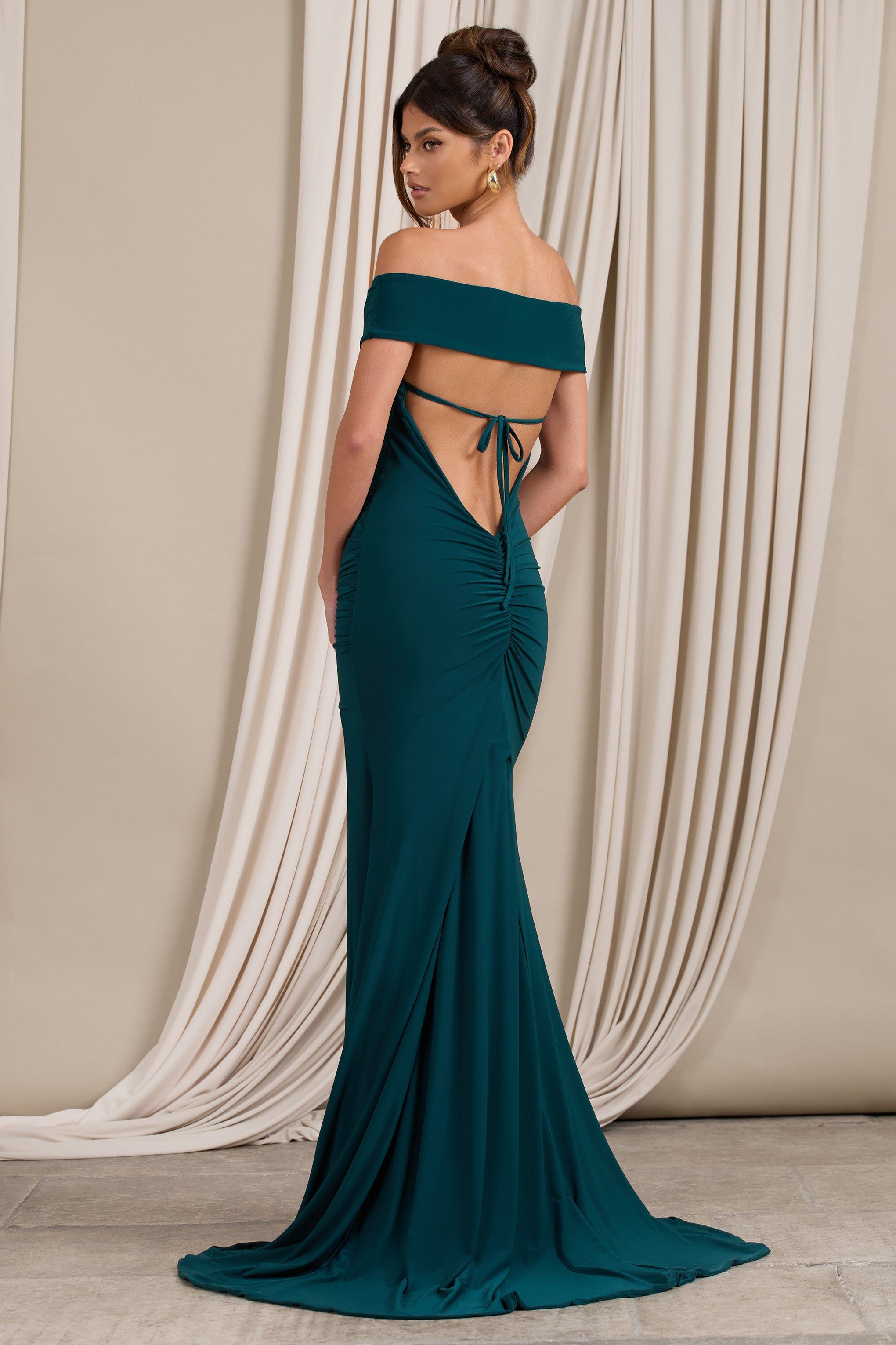 Harmony | Bottle Green Ruched Bardot Split Fishtail Maxi Dress sold by Club L London product image thumbnail 2