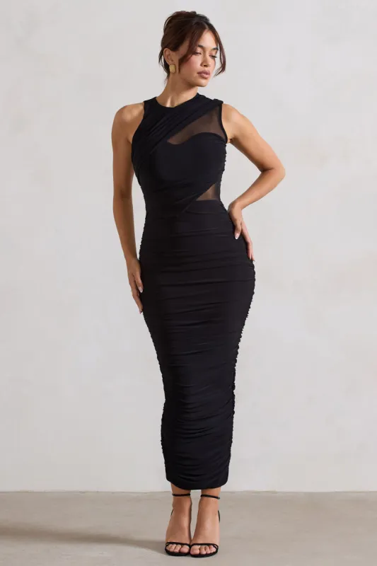 Born With It | Black Sleeveless High-Neck Draped Maxi Dress With Mesh Inserts sold by Club L London