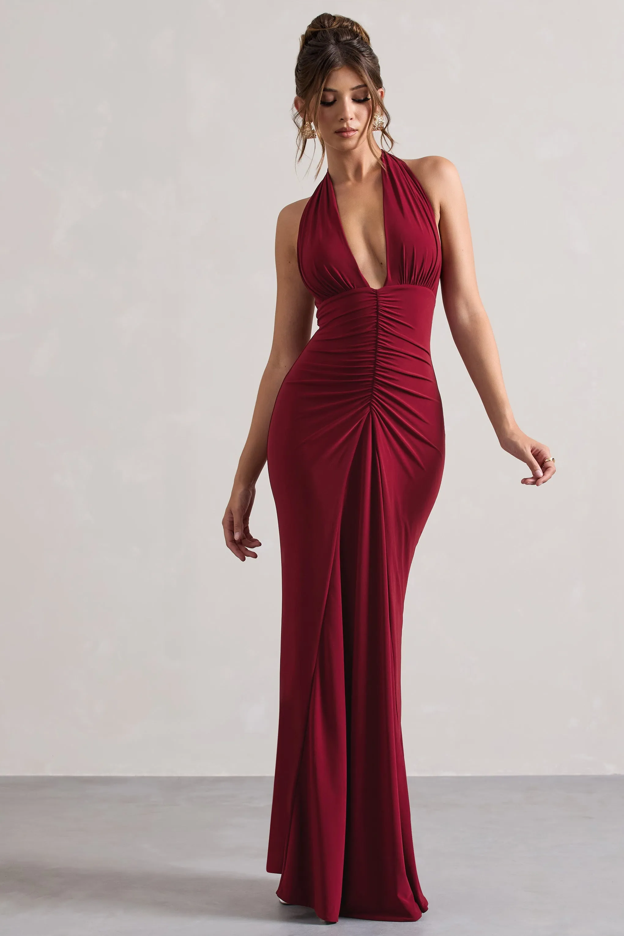 Payton | Berry Ruched Halter-Neck Maxi Dress sold by Club L London product image thumbnail 5