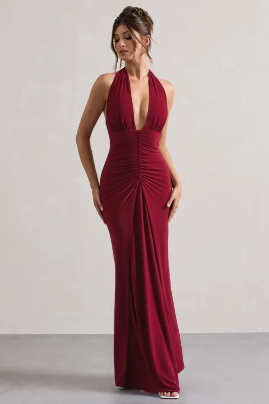Payton | Berry Ruched Halter-Neck Maxi Dress sold by Club L London