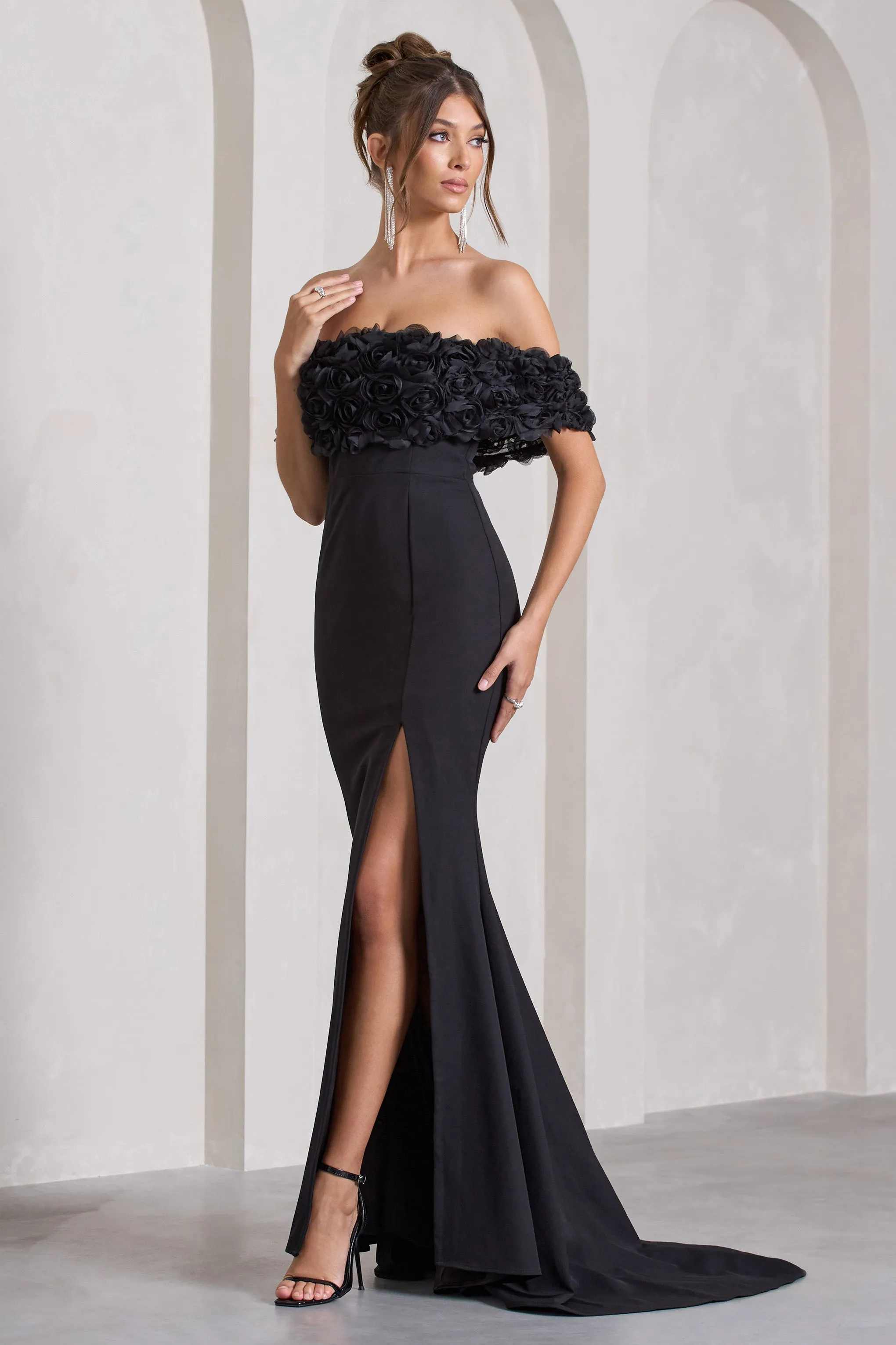 Amanza | Black Bardot Split Fishtail Maxi Dress With Flowers sold by Club L London product image thumbnail 5