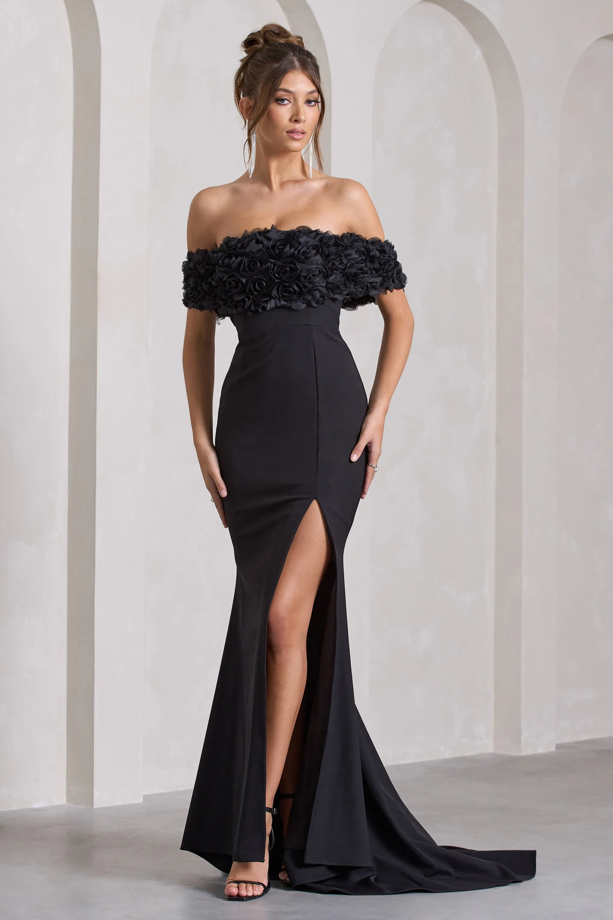 Amanza | Black Bardot Split Fishtail Maxi Dress With Flowers sold by Club L London